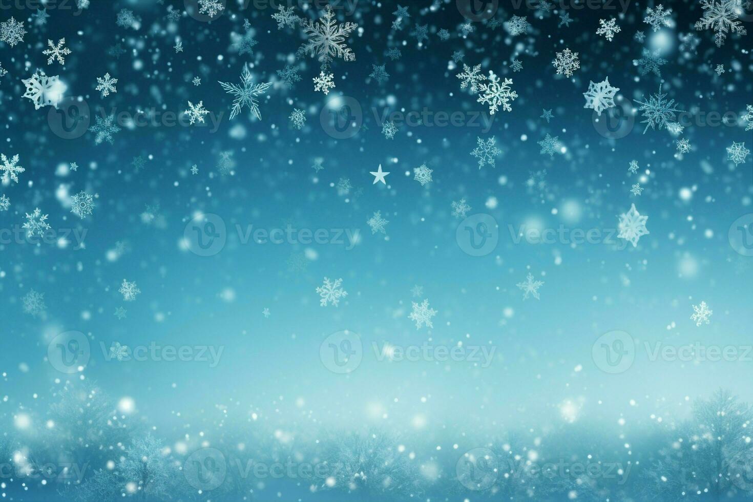 AI generated Random falling snow flakes wallpaper. Snowfall dust freeze granules. Snowfall sky white teal blue background. Many snowflakes february vector. Snow nature scenery. generative ai. photo