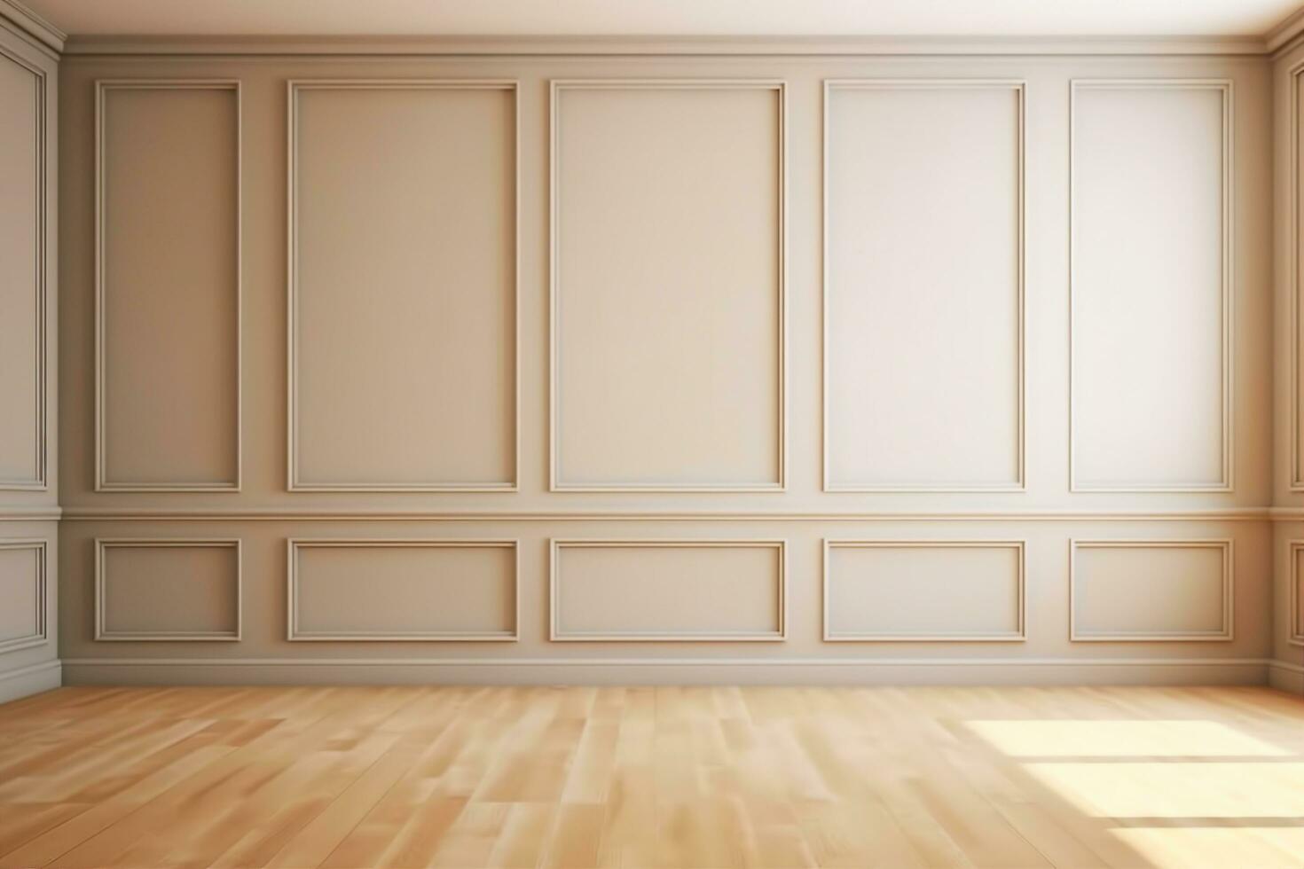 AI generated Beige elegant sunny emty room with moulding and oak parquet. generative ai. photo