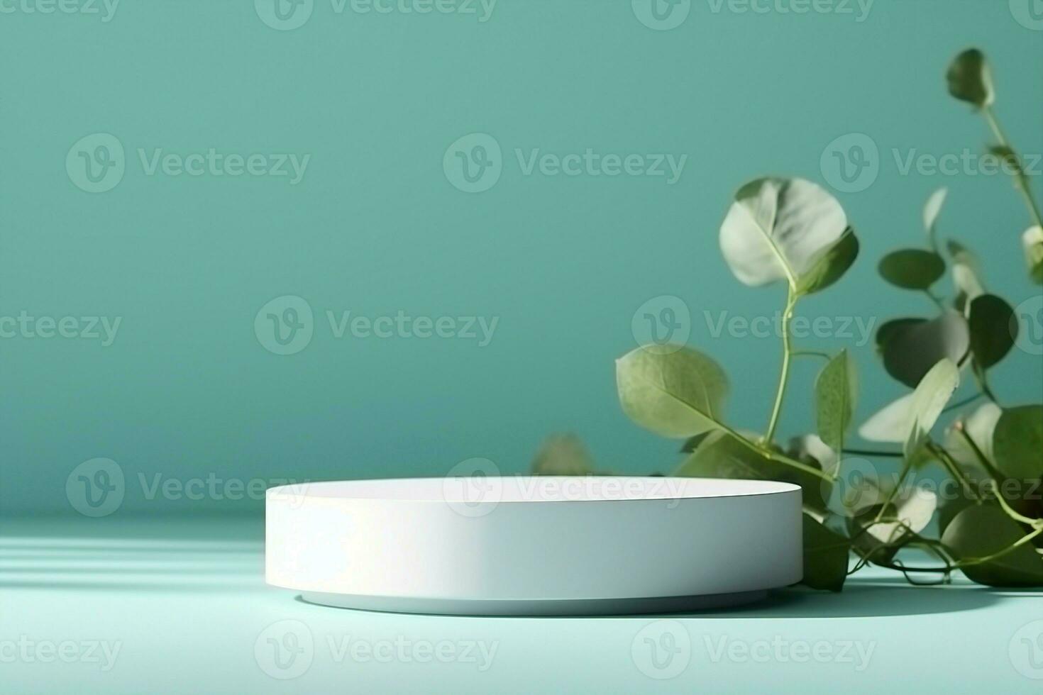 AI generated Abstract empty white podium with eucalyptus leaves and shadows on blue background. Mock up stand for product presentation. 3D Render. Minimal concept. Advertising template. generative ai. photo