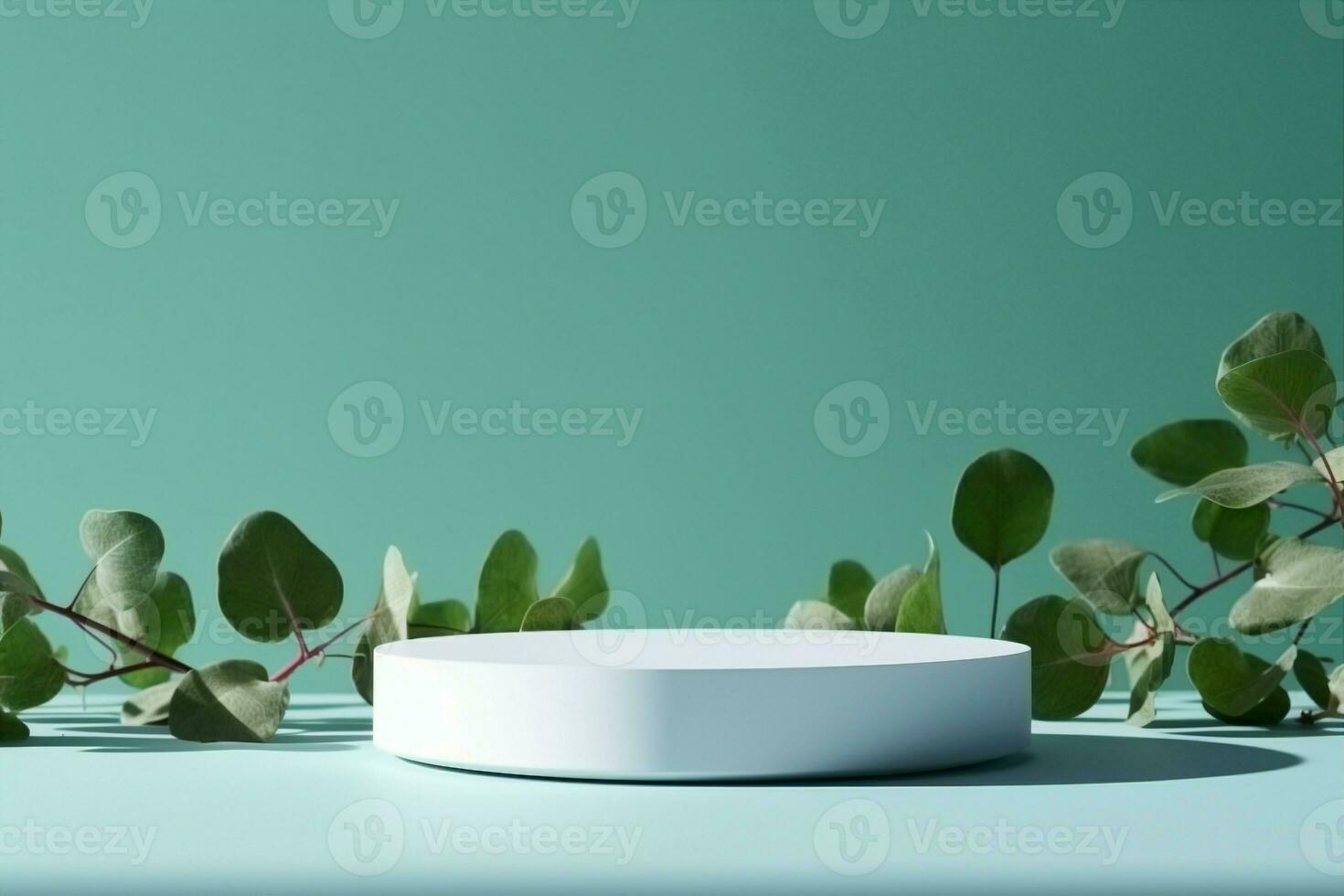 AI generated Abstract empty white podium with eucalyptus leaves and shadows on blue background. Mock up stand for product presentation. 3D Render. Minimal concept. Advertising template. generative ai. photo