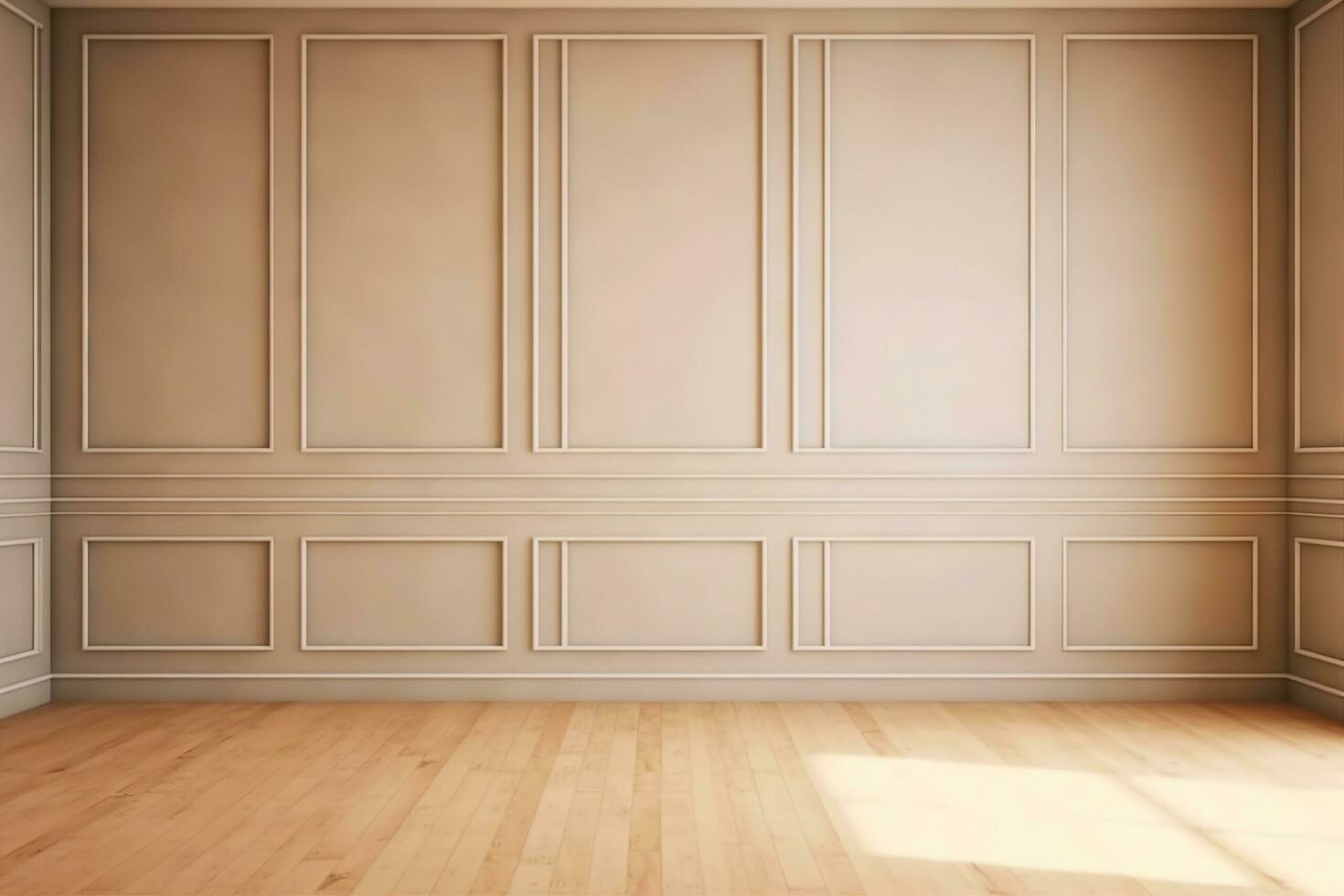 AI generated Beige elegant sunny emty room with moulding and oak parquet. generative ai. photo