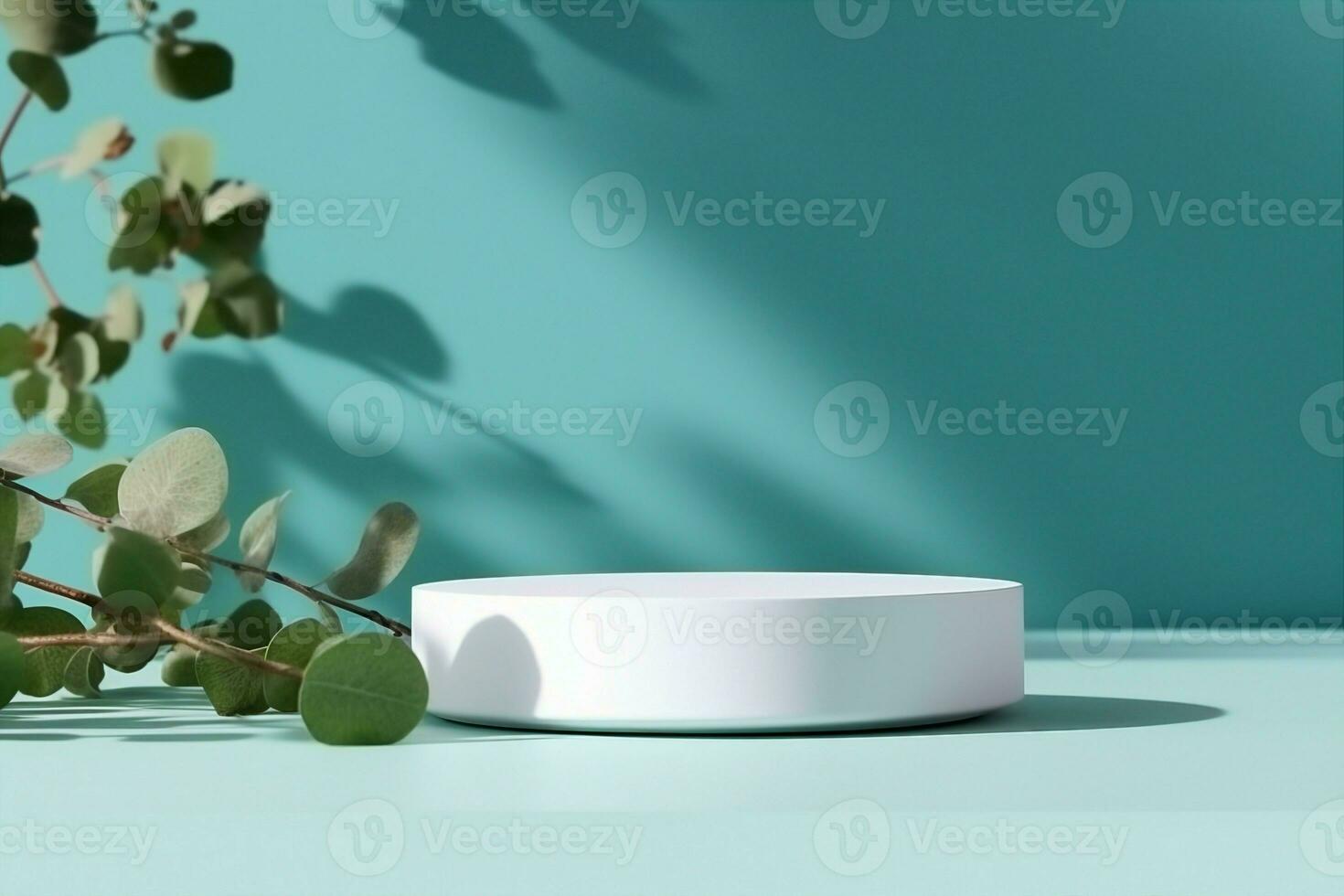 AI generated Abstract empty white podium with eucalyptus leaves and shadows on blue background. Mock up stand for product presentation. 3D Render. Minimal concept. Advertising template. generative ai. photo