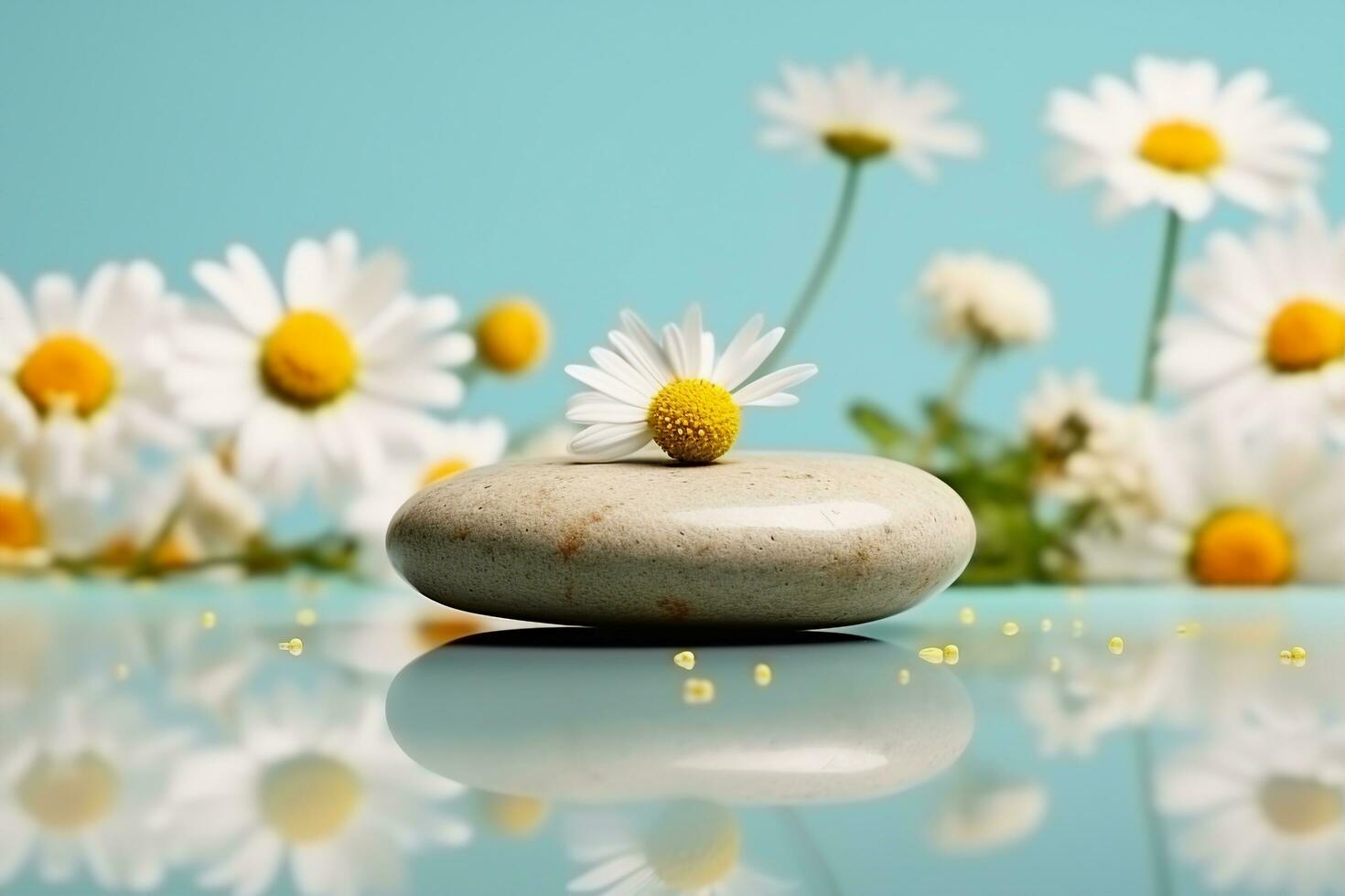 AI generated Pebble stone cosmetic podium with chamomile flowers on bright turquoise background. Cosmetic display product stand. generative ai. photo