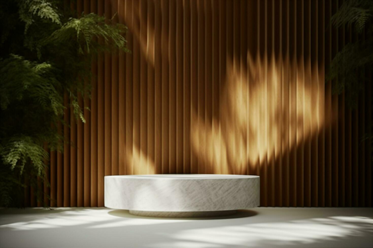AI generated Luxurious stonemarble pedestal basks in foliage gobo sunlight. Wooden rod backdrop adds depth and elegance. Ideal for premium product showcases and sophisticated designs. generative ai. photo