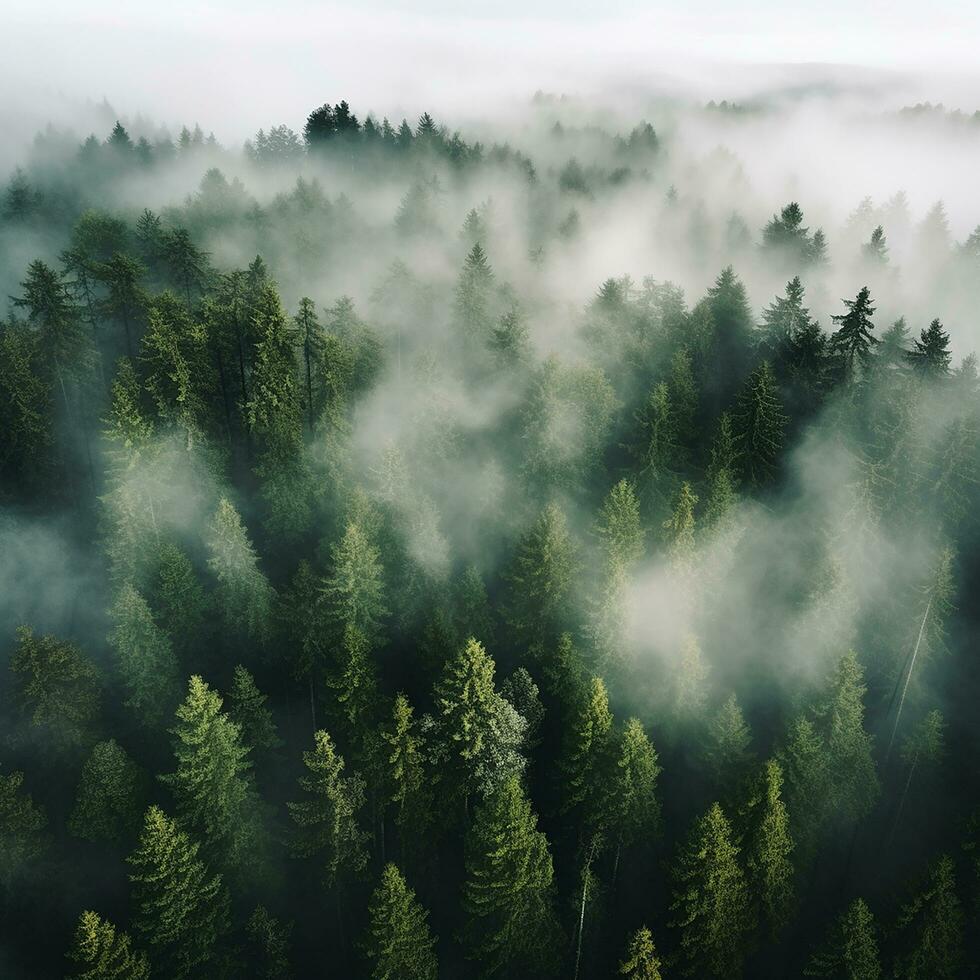 AI generated Aerial view of dark green forest with misty clouds. The rich natural ecosystem of rainforest concept of natural forest conservation and reforestation. photo