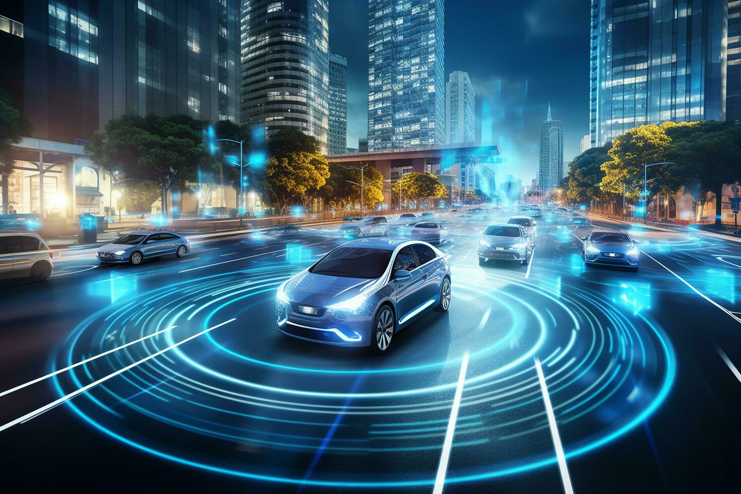 AI generated Aerial Top Down Drone View Autonomous Self Driving Car Moving Through City Highway. AI Visualization Concept photo
