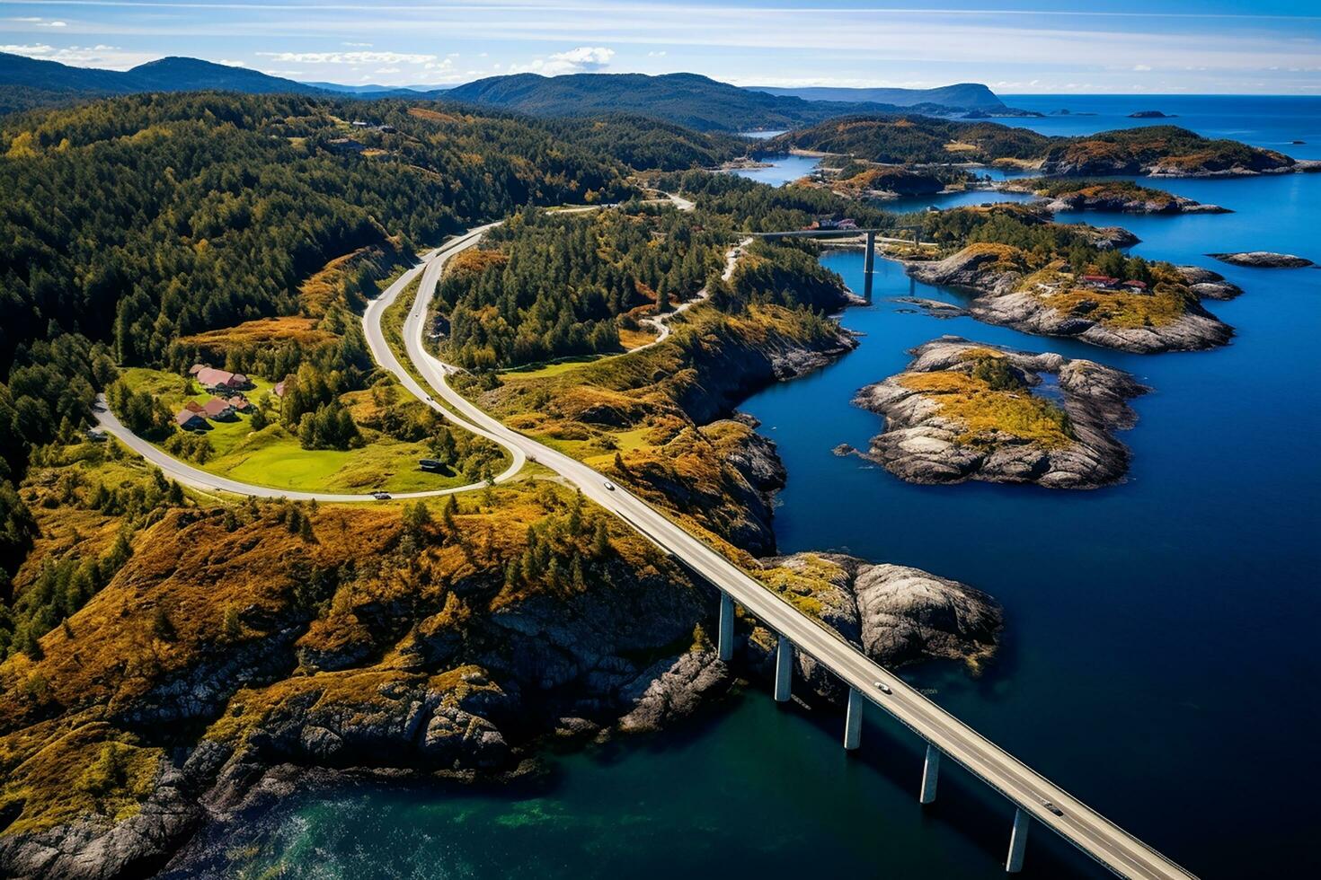 ai generado aéreo ver puente la carretera encima mar conectando islas parte superior abajo paisaje transporte infraestructura famoso puntos de referencia foto