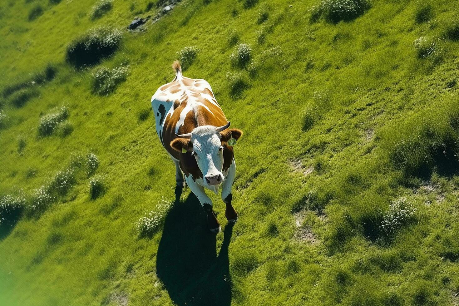 AI generated Aerial view of cow on green meadow in summer. photo