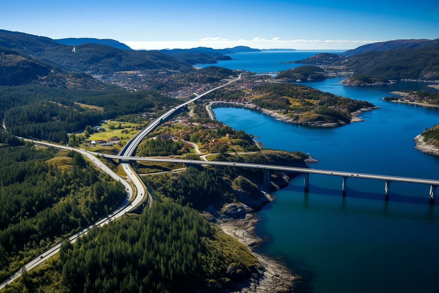 ai generado aéreo ver puente la carretera encima mar conectando islas parte superior abajo paisaje transporte infraestructura famoso puntos de referencia foto