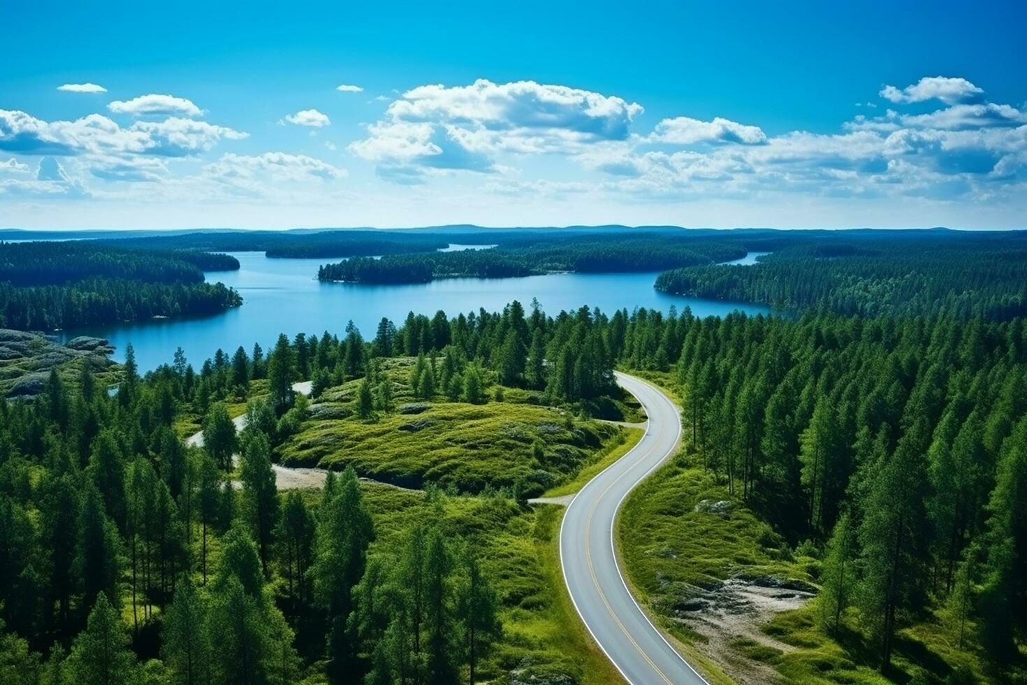 AI generated Aerial view of a road in the middle of the forest photo