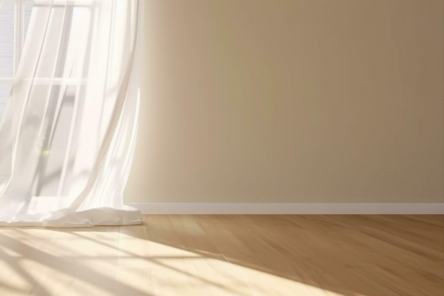 AI generated Realistic 3D render of beautiful sunlight and window frame shadow on beige blank wall, white sheer curtains blowing in the wind in an empty room. Shiny new wooden parquet floor. photo