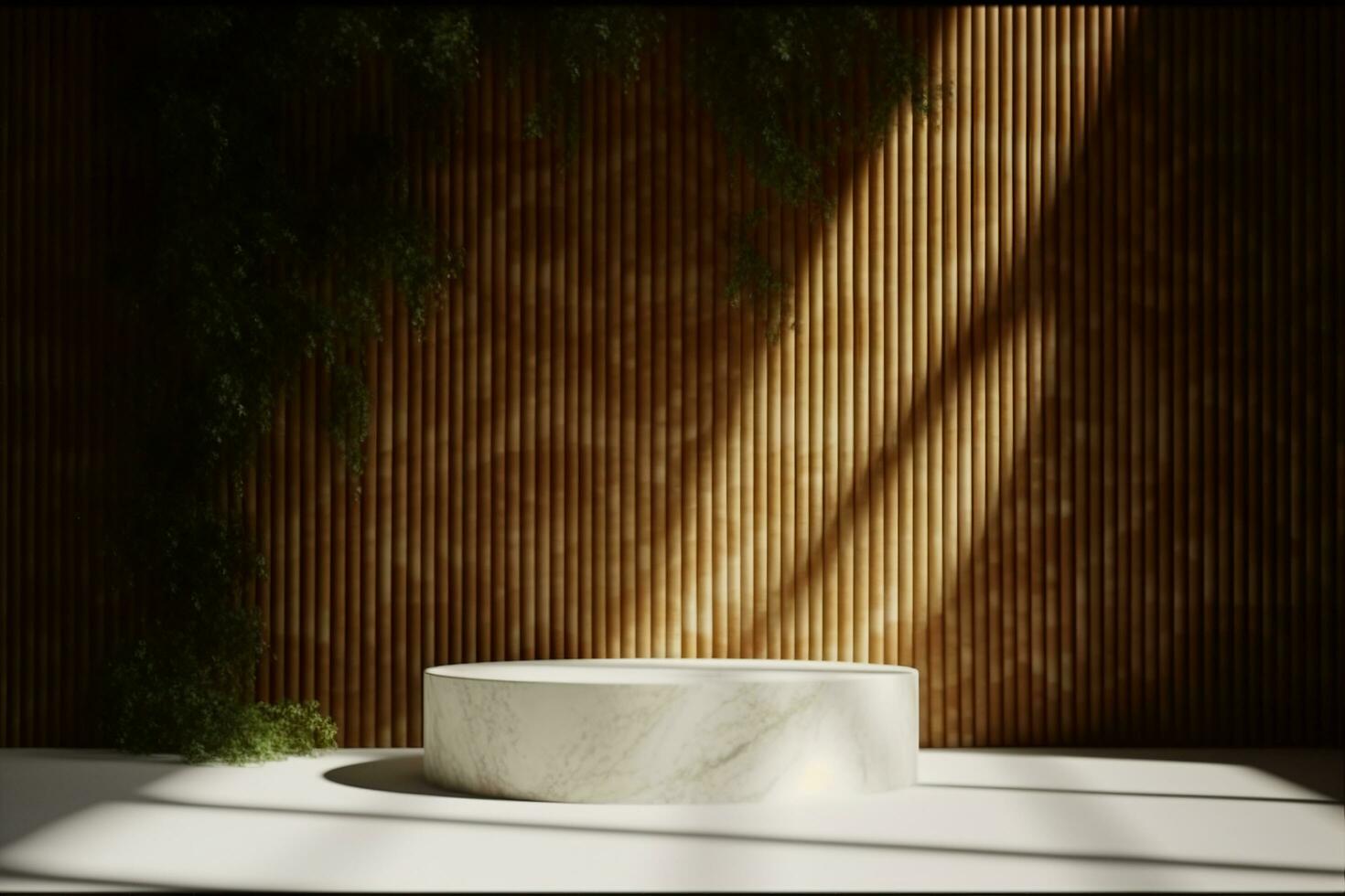 AI generated Luxurious stonemarble pedestal basks in foliage gobo sunlight. Wooden rod backdrop adds depth and elegance. Ideal for premium product showcases and sophisticated designs. generative ai. photo