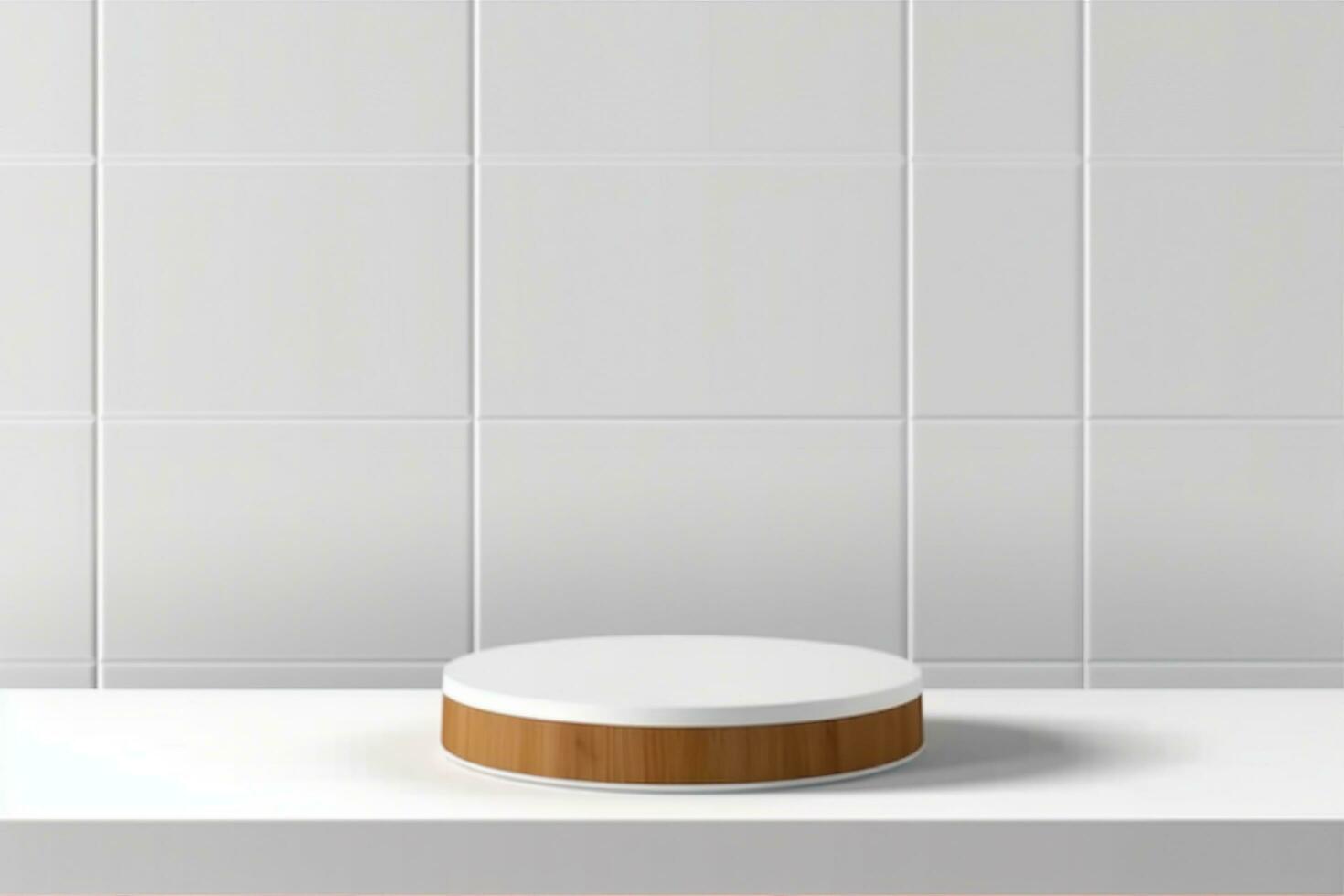AI generated Abstract 3D white, brown cylinder pedestal podium on the table with white square tile texture wall scene. Vector rendering minimal geometric platform design in shadow. generative ai. photo