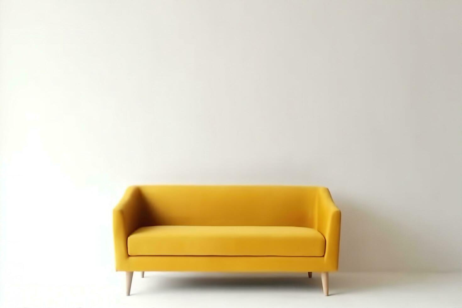 AI generated soft empty yellow sofa stands on white isolated background, comfortable fabric couch is alone against the background of white wall, copy space. generative ai. photo