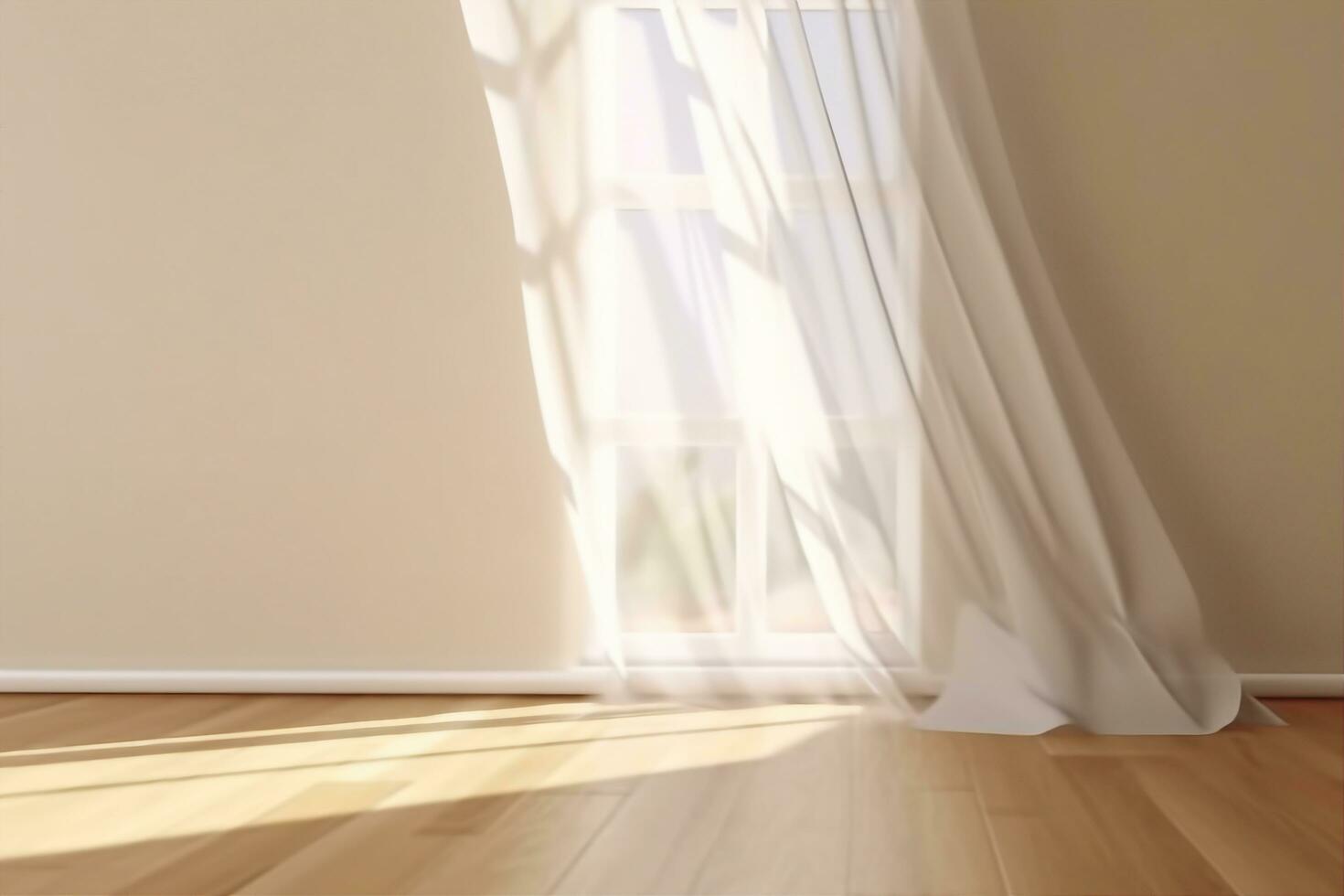 AI generated Realistic 3D render of beautiful sunlight and window frame shadow on beige blank wall, white sheer curtains blowing in the wind in an empty room. Shiny new wooden parquet floor. photo