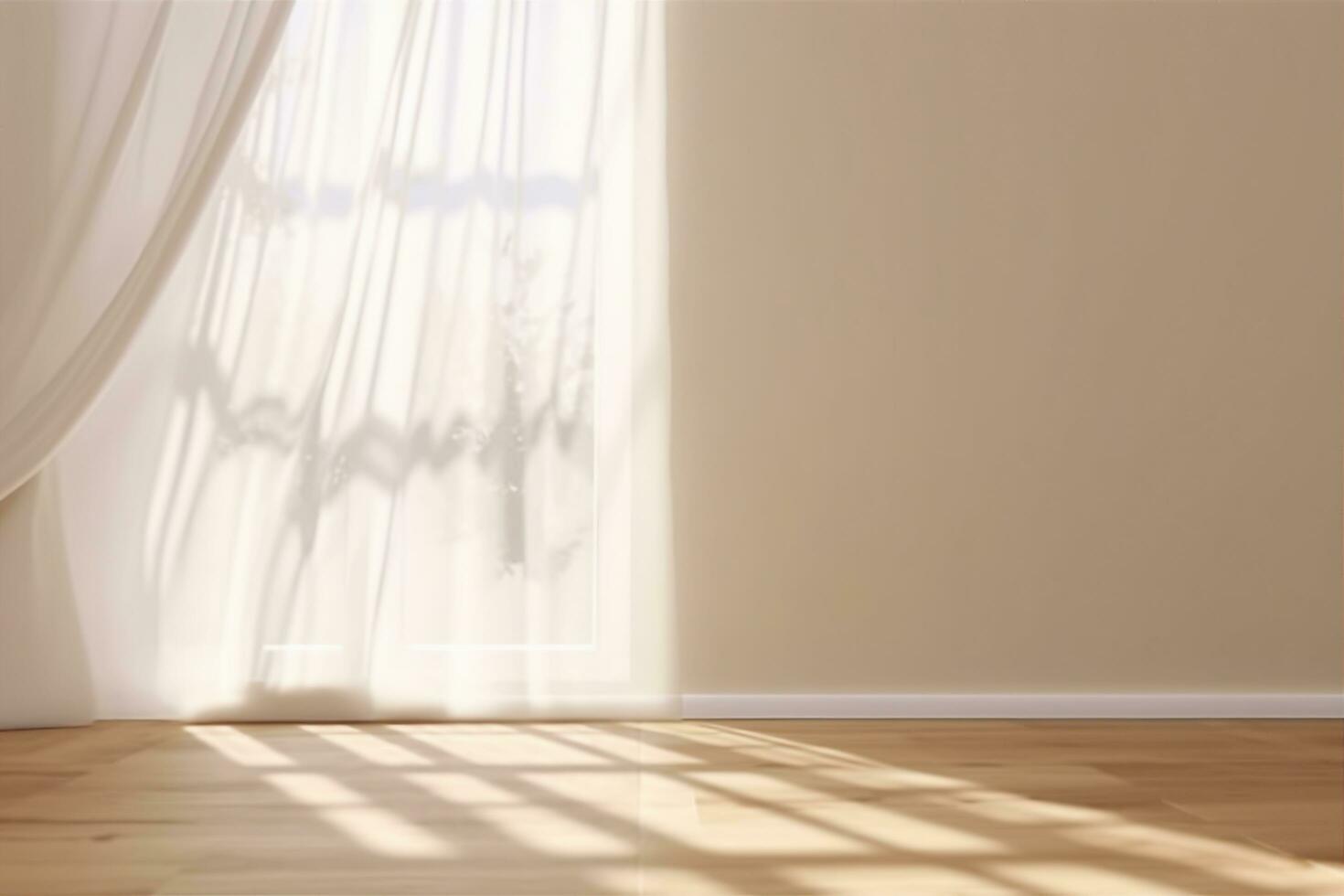 AI generated Realistic 3D render of beautiful sunlight and window frame shadow on beige blank wall, white sheer curtains blowing in the wind in an empty room. Shiny new wooden parquet floor. photo