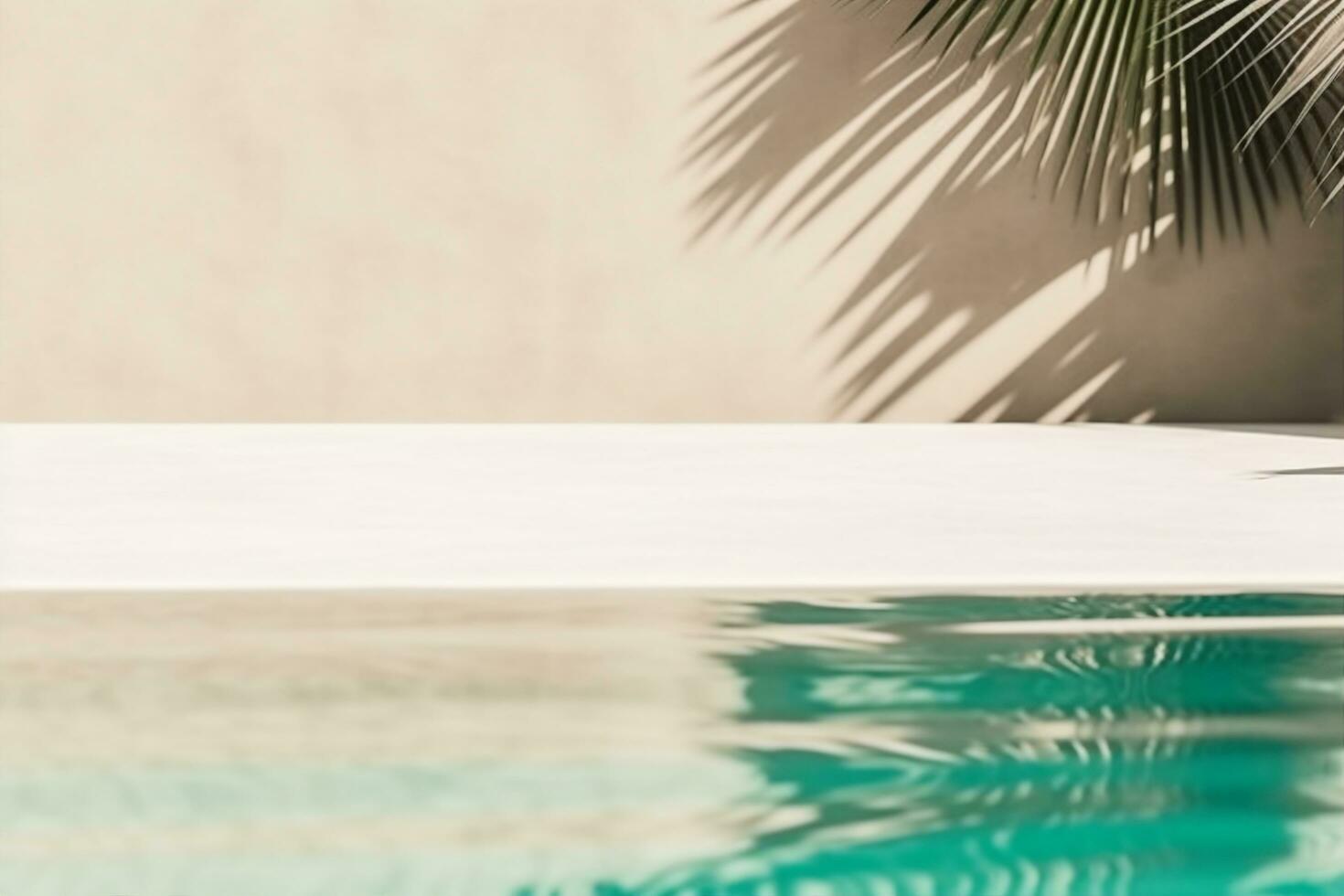 AI generated Tropical summer background with concrete wall, pool water and palm leaf shadow. Luxury hotel resort exterior for product placement. Outdoor vacation holiday house scene. generative ai. photo