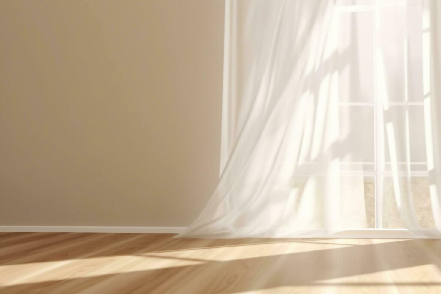 AI generated Realistic 3D render of beautiful sunlight and window frame shadow on beige blank wall, white sheer curtains blowing in the wind in an empty room. Shiny new wooden parquet floor. photo