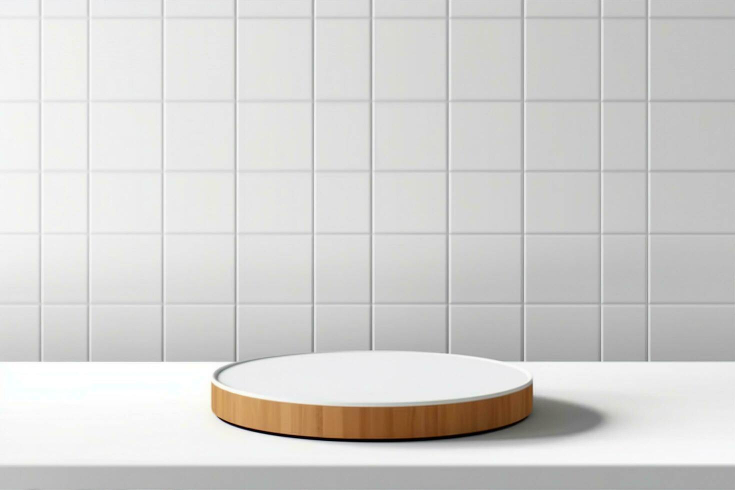 AI generated Abstract 3D white, brown cylinder pedestal podium on the table with white square tile texture wall scene. Vector rendering minimal geometric platform design in shadow. generative ai. photo