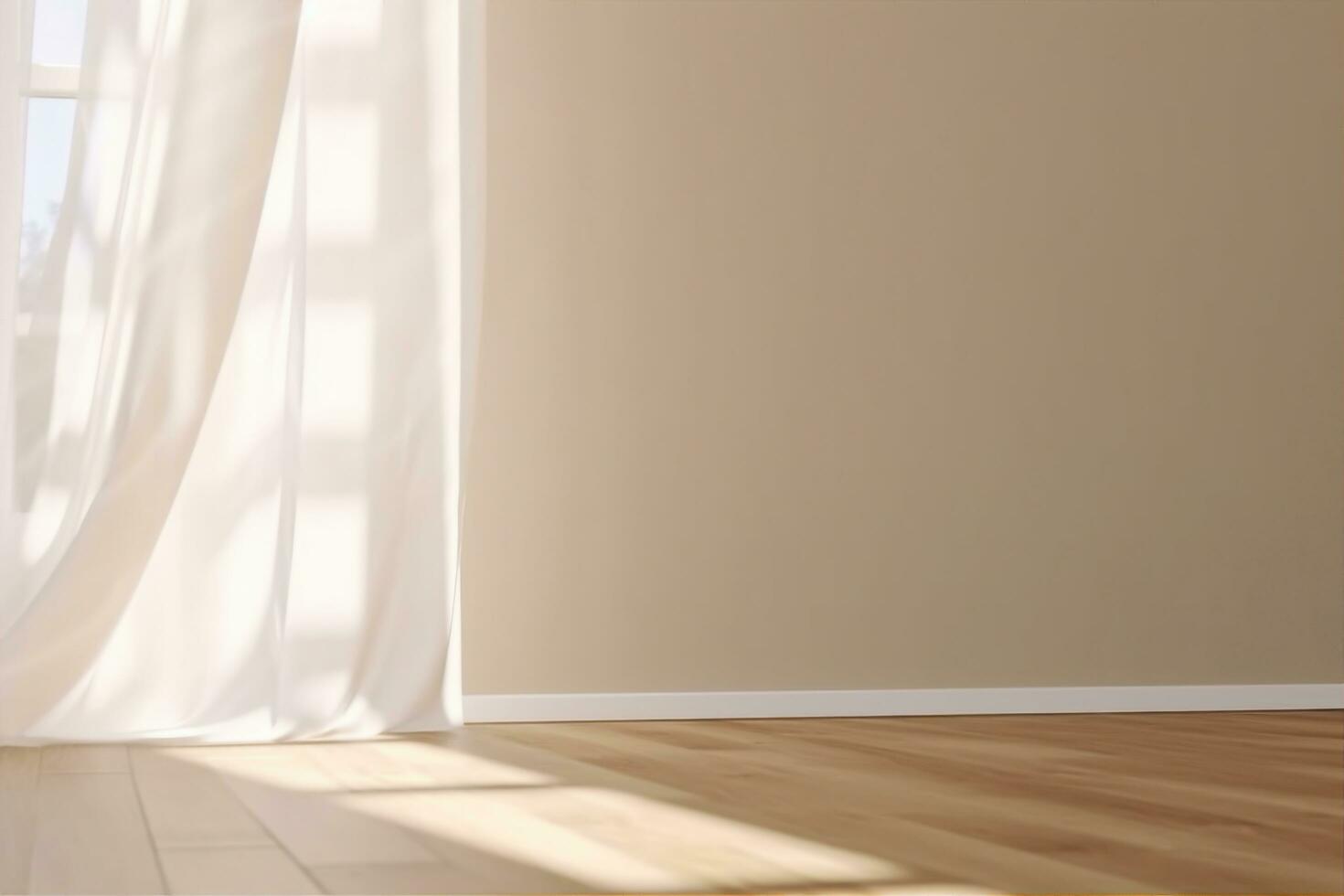 AI generated Realistic 3D render of beautiful sunlight and window frame shadow on beige blank wall, white sheer curtains blowing in the wind in an empty room. Shiny new wooden parquet floor. photo