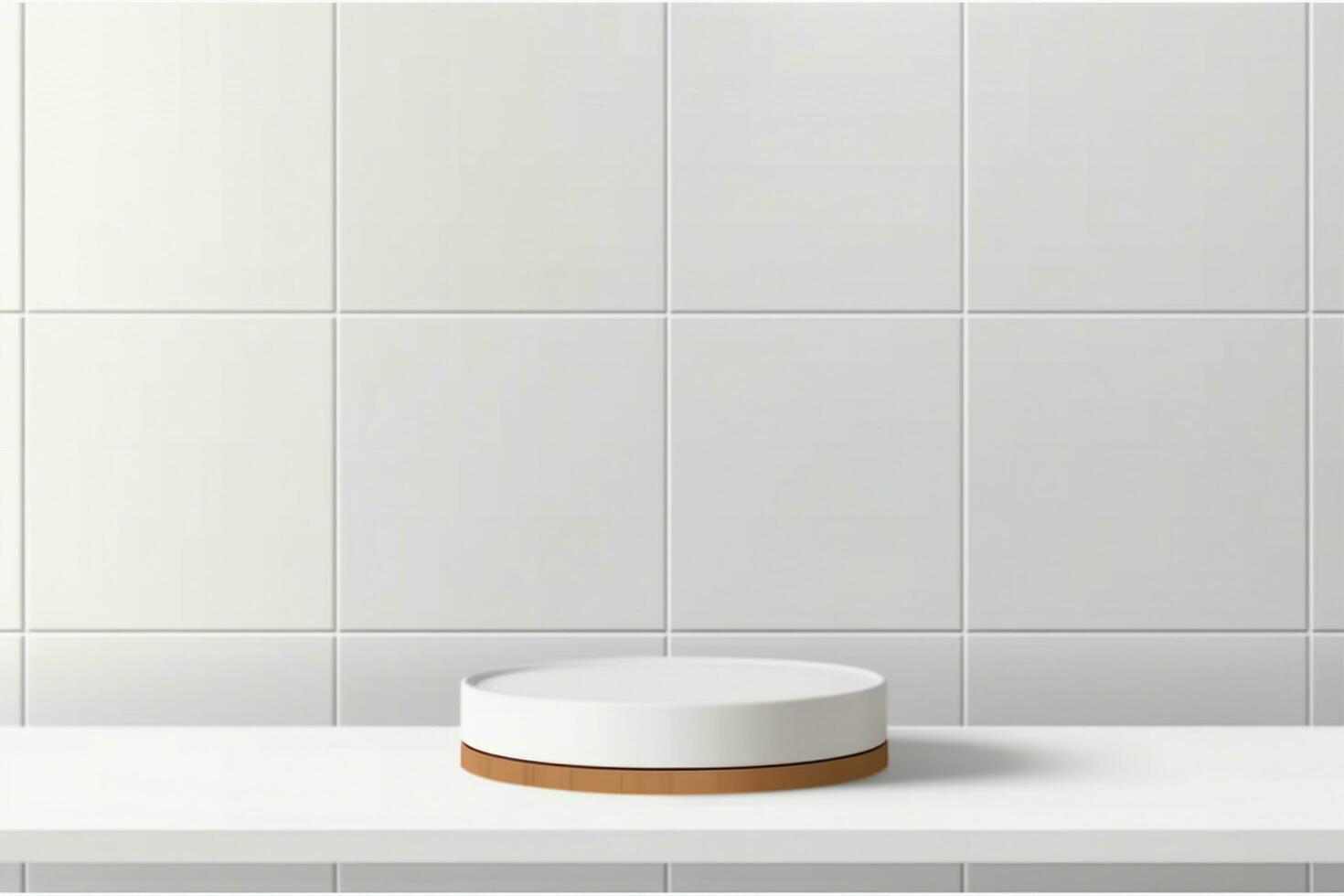 AI generated Abstract 3D white, brown cylinder pedestal podium on the table with white square tile texture wall scene. Vector rendering minimal geometric platform design in shadow. generative ai. photo