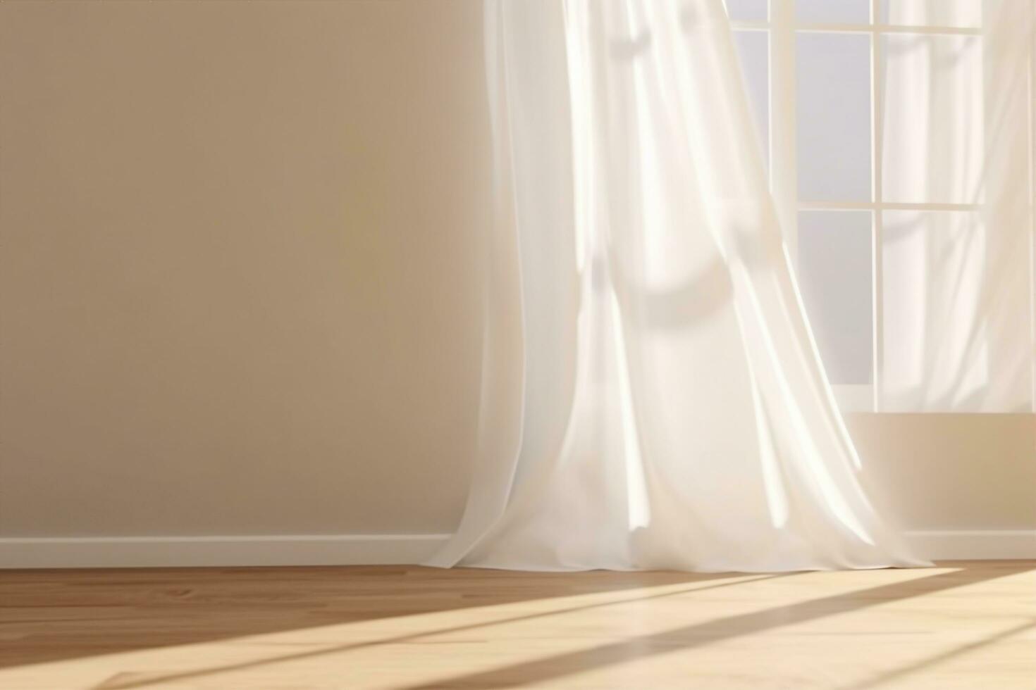 AI generated Realistic 3D render of beautiful sunlight and window frame shadow on beige blank wall, white sheer curtains blowing in the wind in an empty room. Shiny new wooden parquet floor. photo