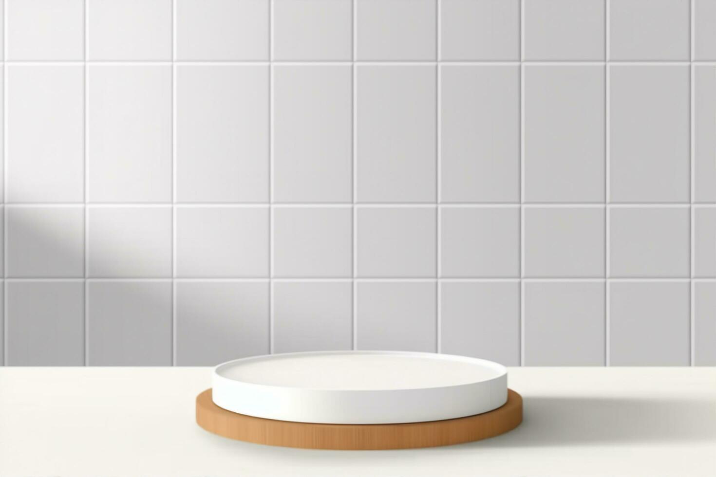 AI generated Abstract 3D white, brown cylinder pedestal podium on the table with white square tile texture wall scene. Vector rendering minimal geometric platform design in shadow. generative ai. photo