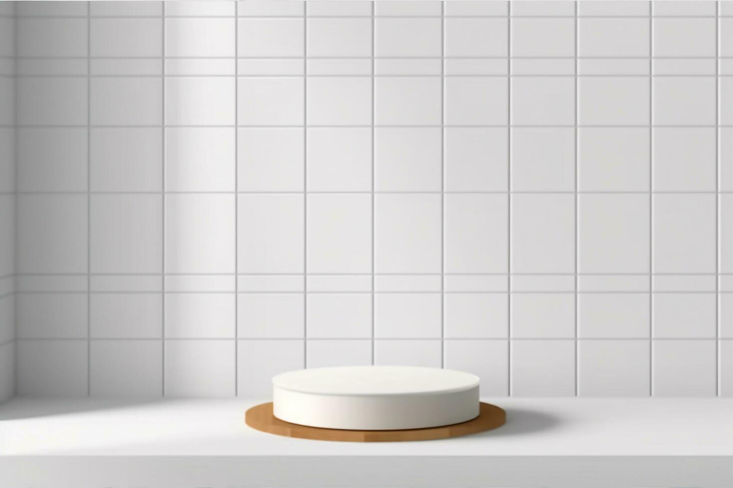 AI generated Abstract 3D white, brown cylinder pedestal podium on the table with white square tile texture wall scene. Vector rendering minimal geometric platform design in shadow. generative ai. photo