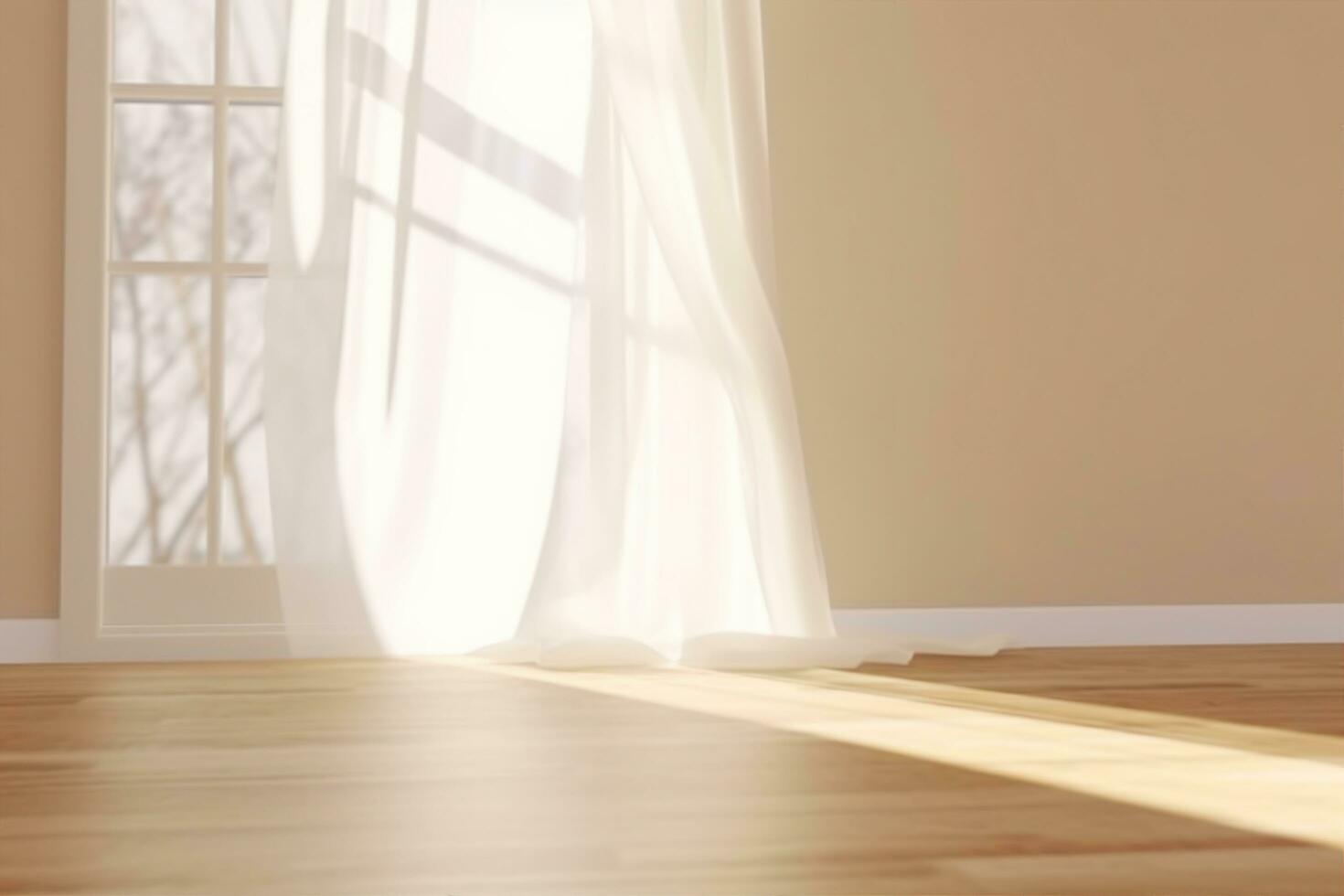 ai generado realista 3d hacer de hermosa luz de sol y ventana marco sombra en beige blanco muro, blanco escarpado cortinas soplo en el viento en un vacío habitación. brillante nuevo de madera parquet piso. foto