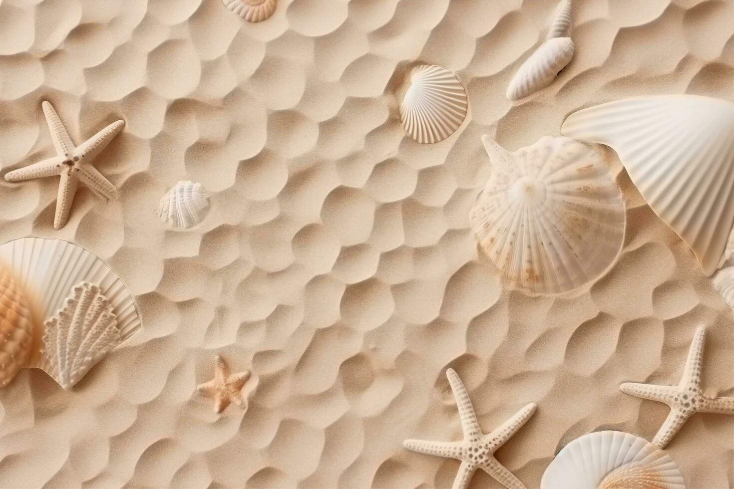 AI generated Top view of a sandy beach texture with imprints of exotic seashells and starfish as natural textured background. generative ai. photo