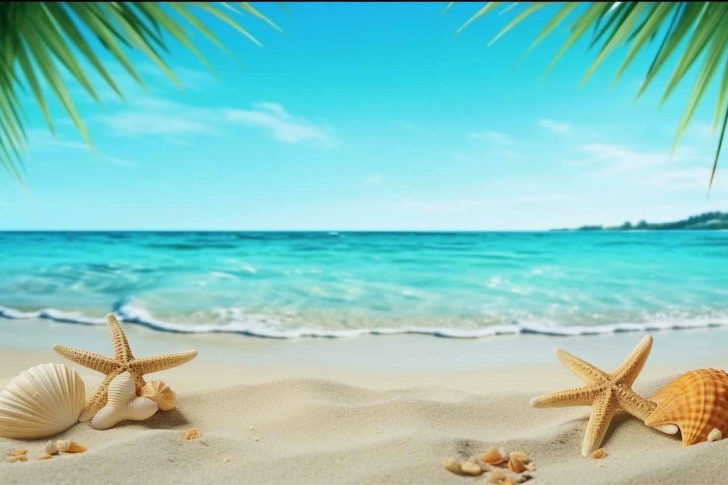 AI generated Tropical beach with sea star on sand, summer holiday background. Travel and beach vacation, free space for text.generative ai. photo