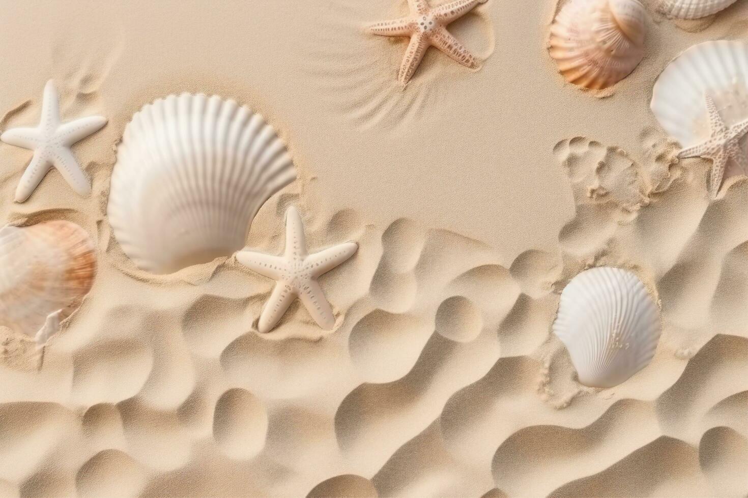 AI generated Top view of a sandy beach texture with imprints of exotic seashells and starfish as natural textured background. generative ai. photo