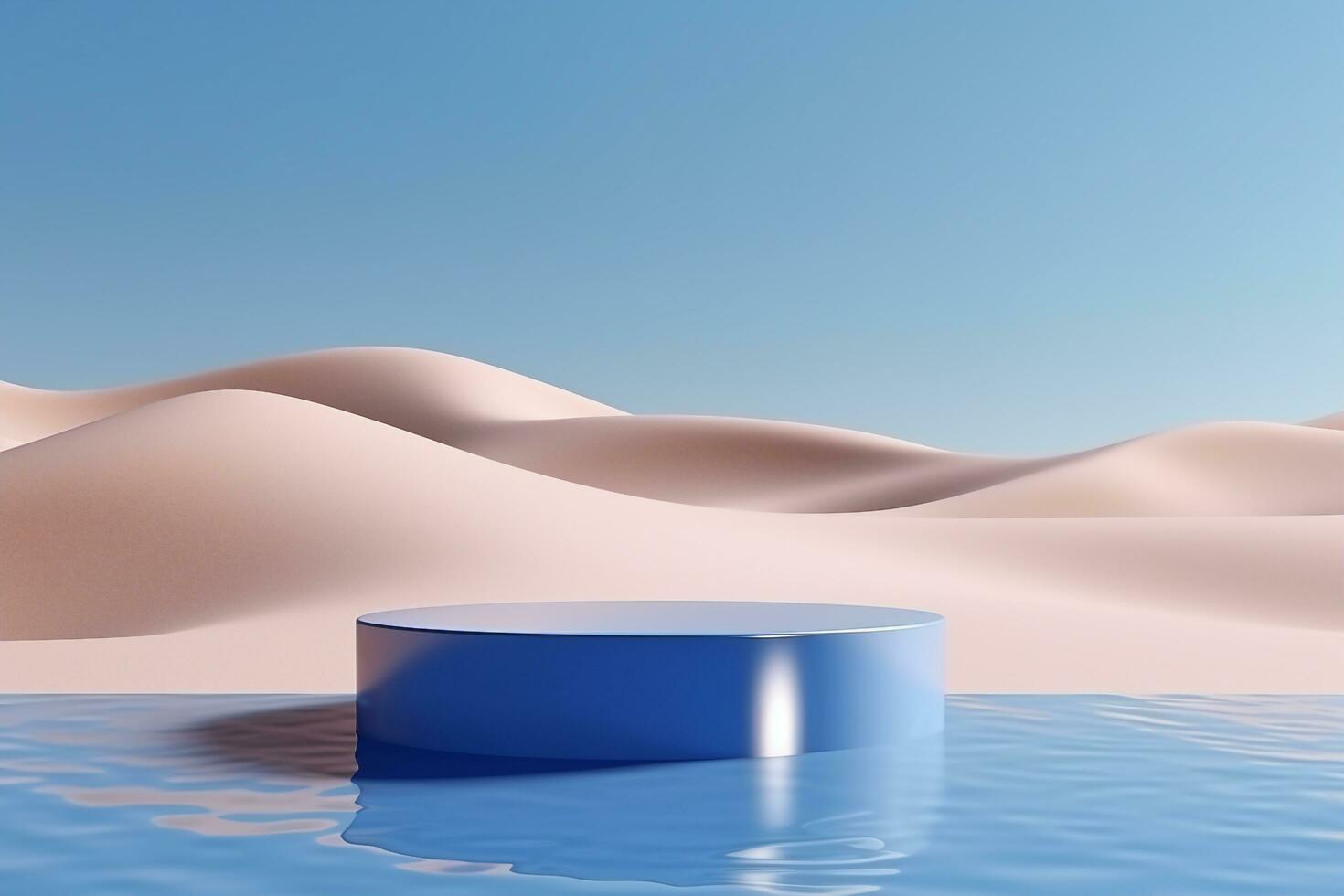 AI generated 3D display podium background. Nature blue sky minimal stand pedestal. Wavy water. Beauty, cosmetic product presentation scene. Summer landscape banner template 3d render. generative ai. photo