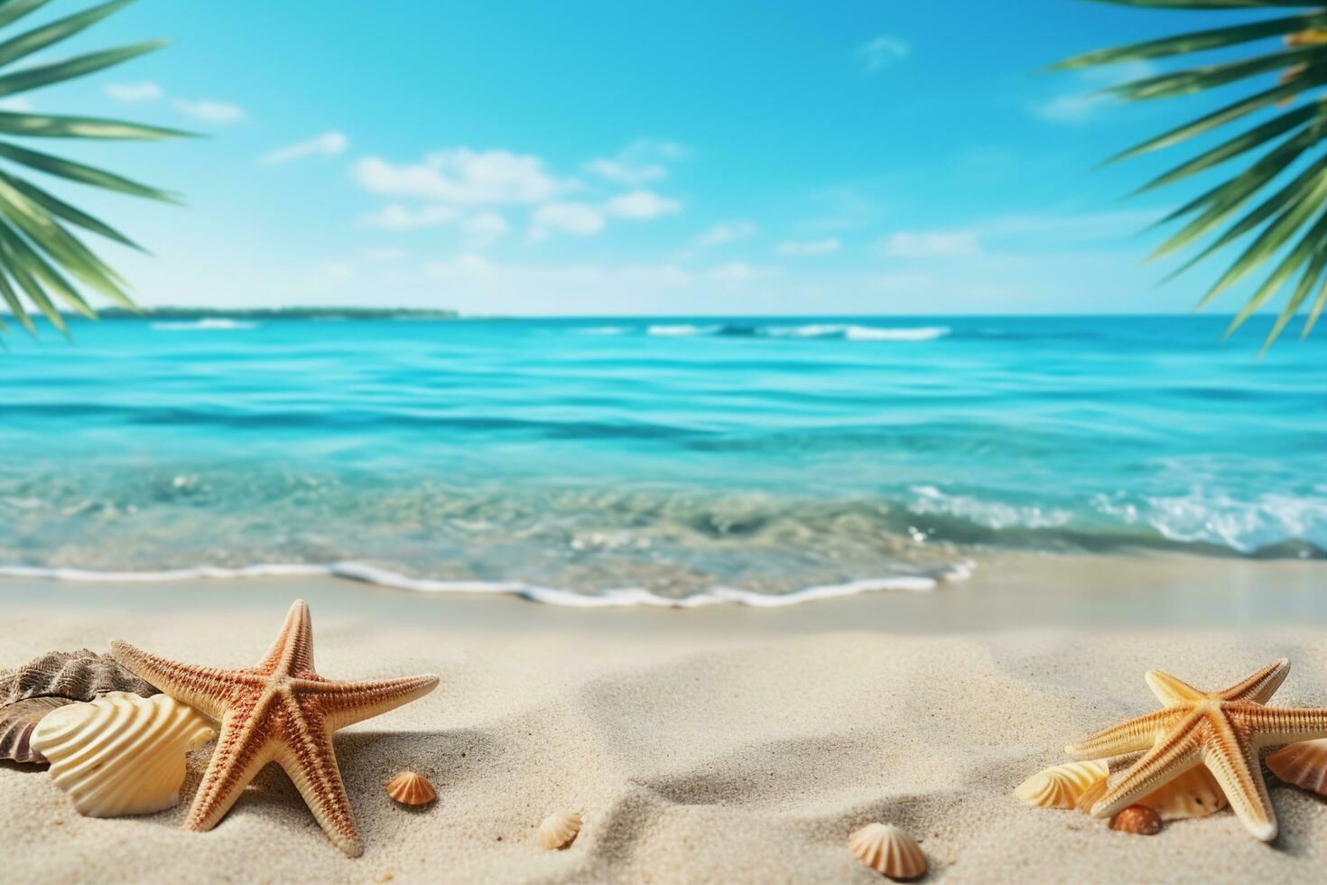 AI generated Tropical beach with sea star on sand, summer holiday background. Travel and beach vacation, free space for text.generative ai. photo