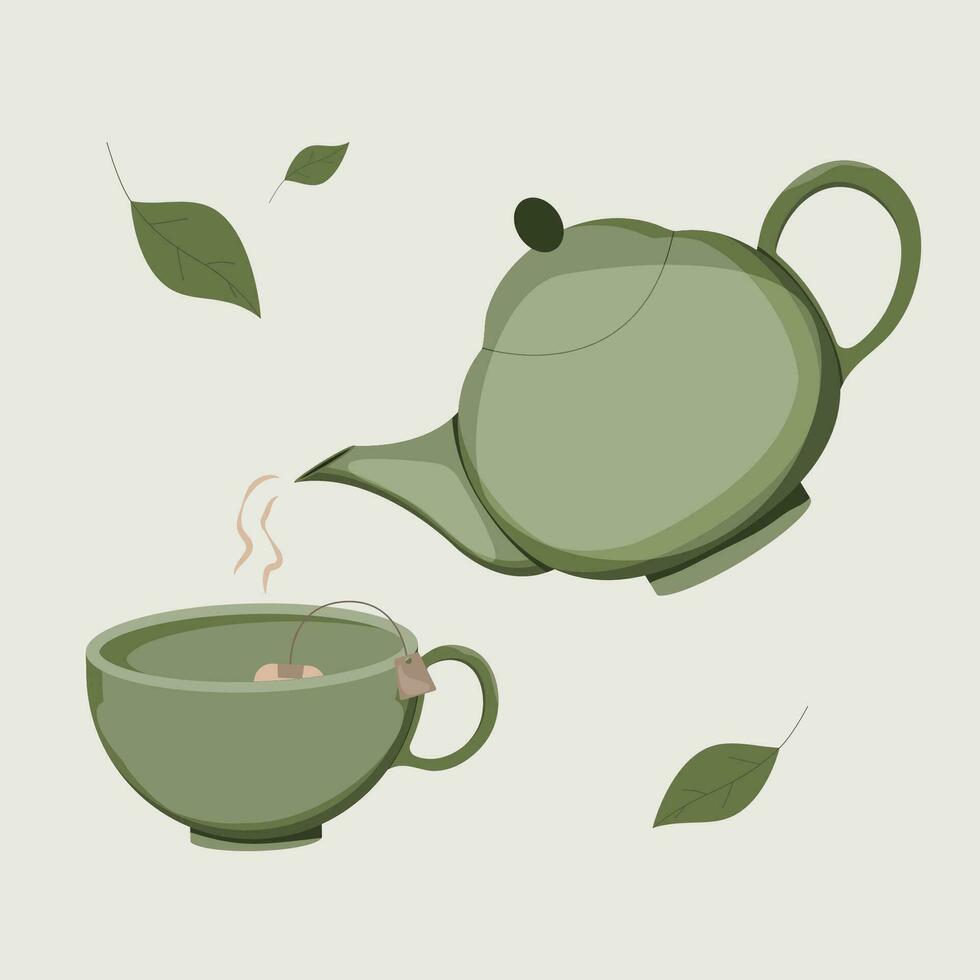 Teapot and a cup of hot tea. Tea ceremony. A poster for the kitchen or dining room. vector