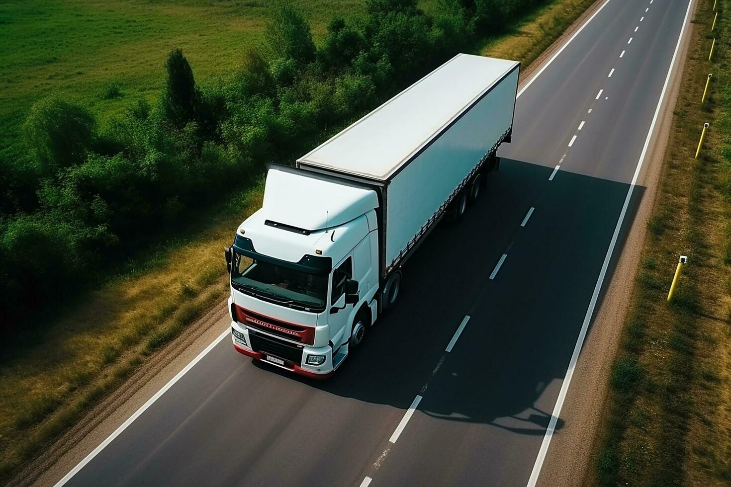 AI generated cargo truck on the higthway. cargo delivery driving on asphalt road through the mountains. seen from the air. Aerial view landscape. drone photography. photo