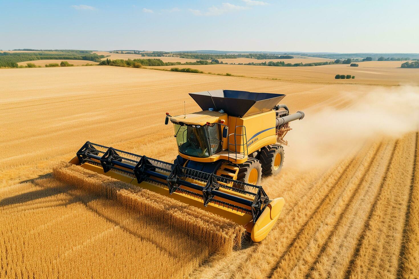 AI generated Harvester machine working in field . Combine harvester agriculture machine harvesting golden ripe wheat field. Agriculture. Aerial view. From above. photo