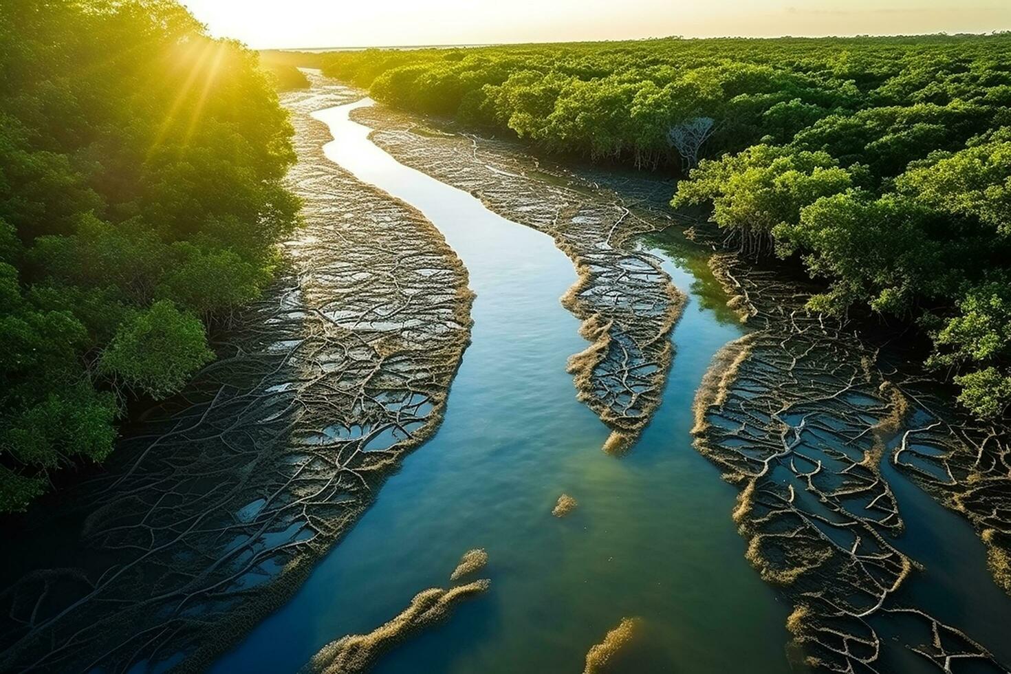 AI generated drone aerial birds eye view of a large green grass forest with tall trees and a big blue bendy river flowing through the forest photo