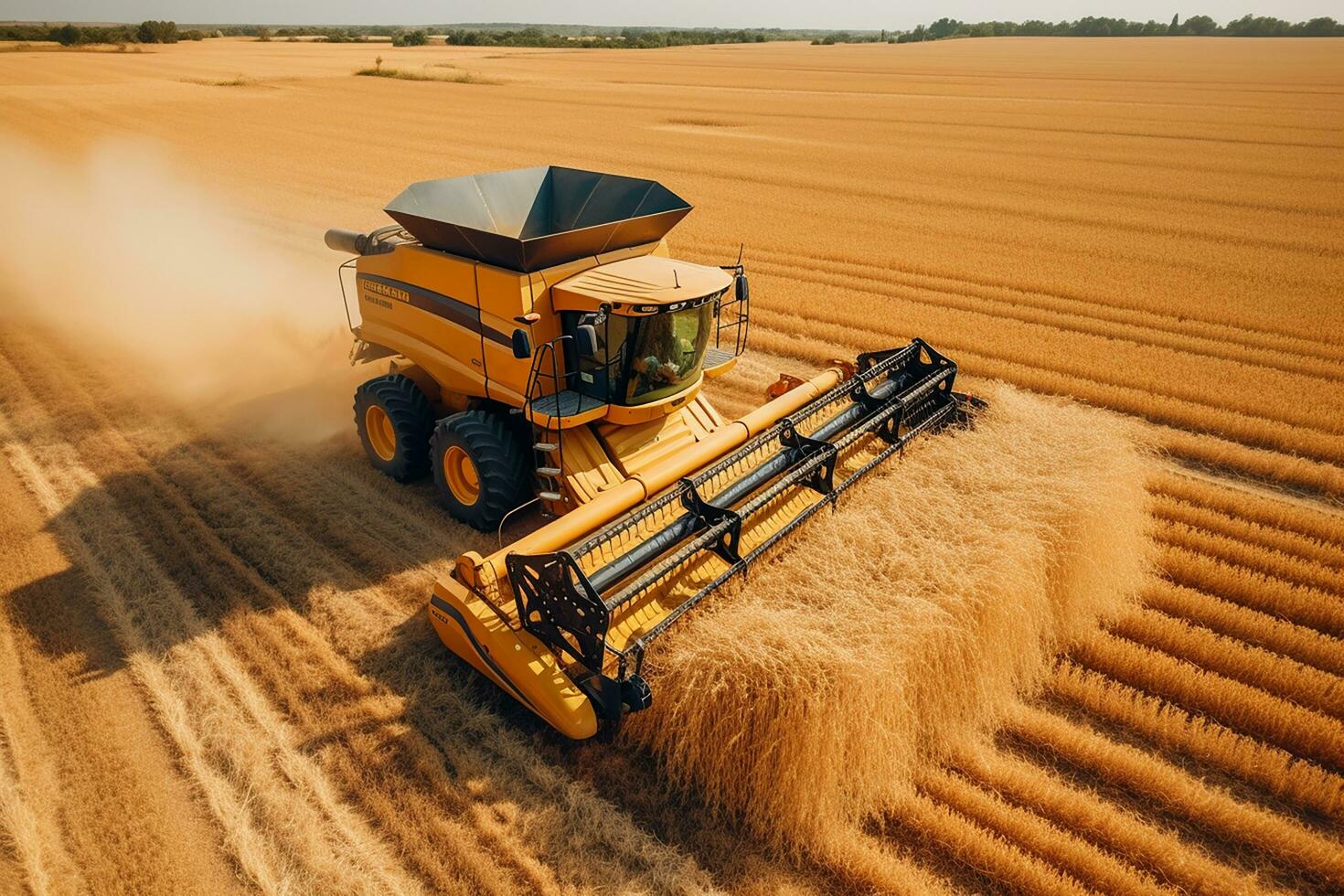 AI generated Harvester machine working in field . Combine harvester agriculture machine harvesting golden ripe wheat field. Agriculture. Aerial view. From above. photo