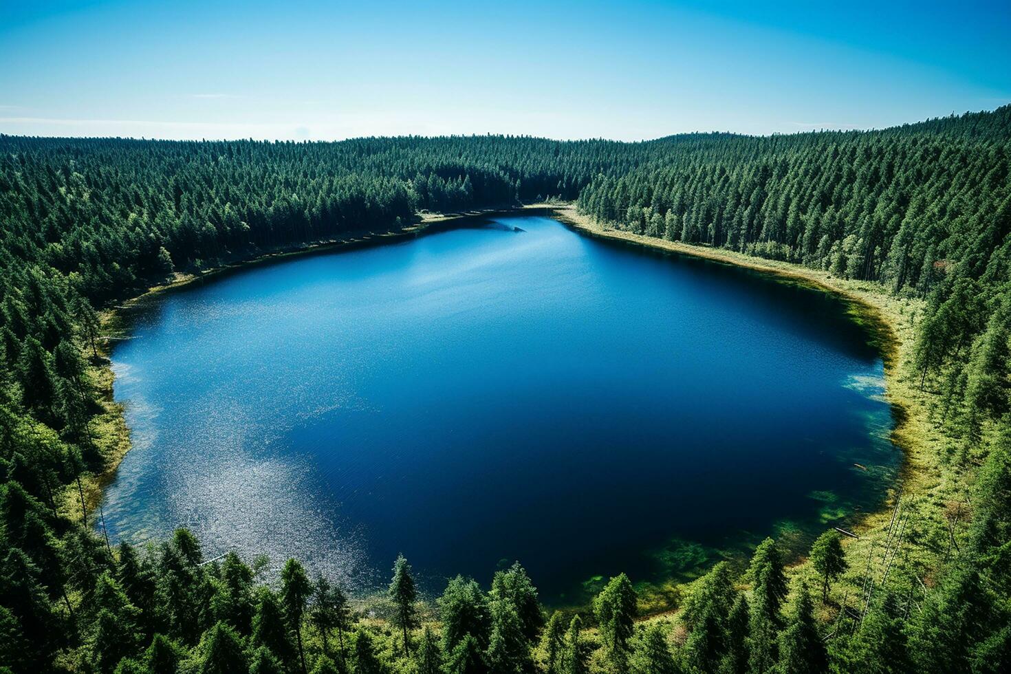 AI generated An almost perfect circular lake shot straight down from the air resembles the earth surrounded by a pine forest photo