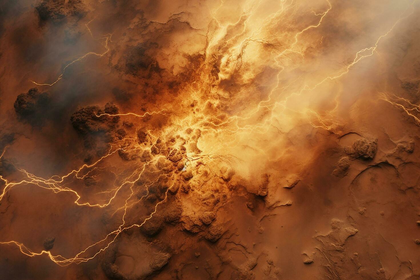 AI generated Aerial view of lava flowing from Volcano during an eruption on volcanic area at night photo