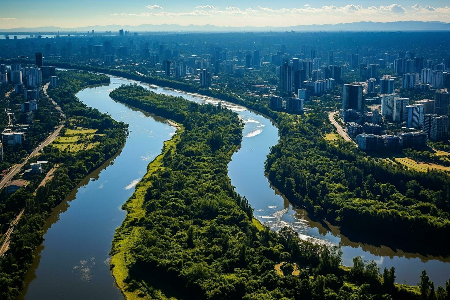 AI generated drone aerial birds eye view of a large green grass forest with tall trees and a big blue bendy river flowing through the forest photo