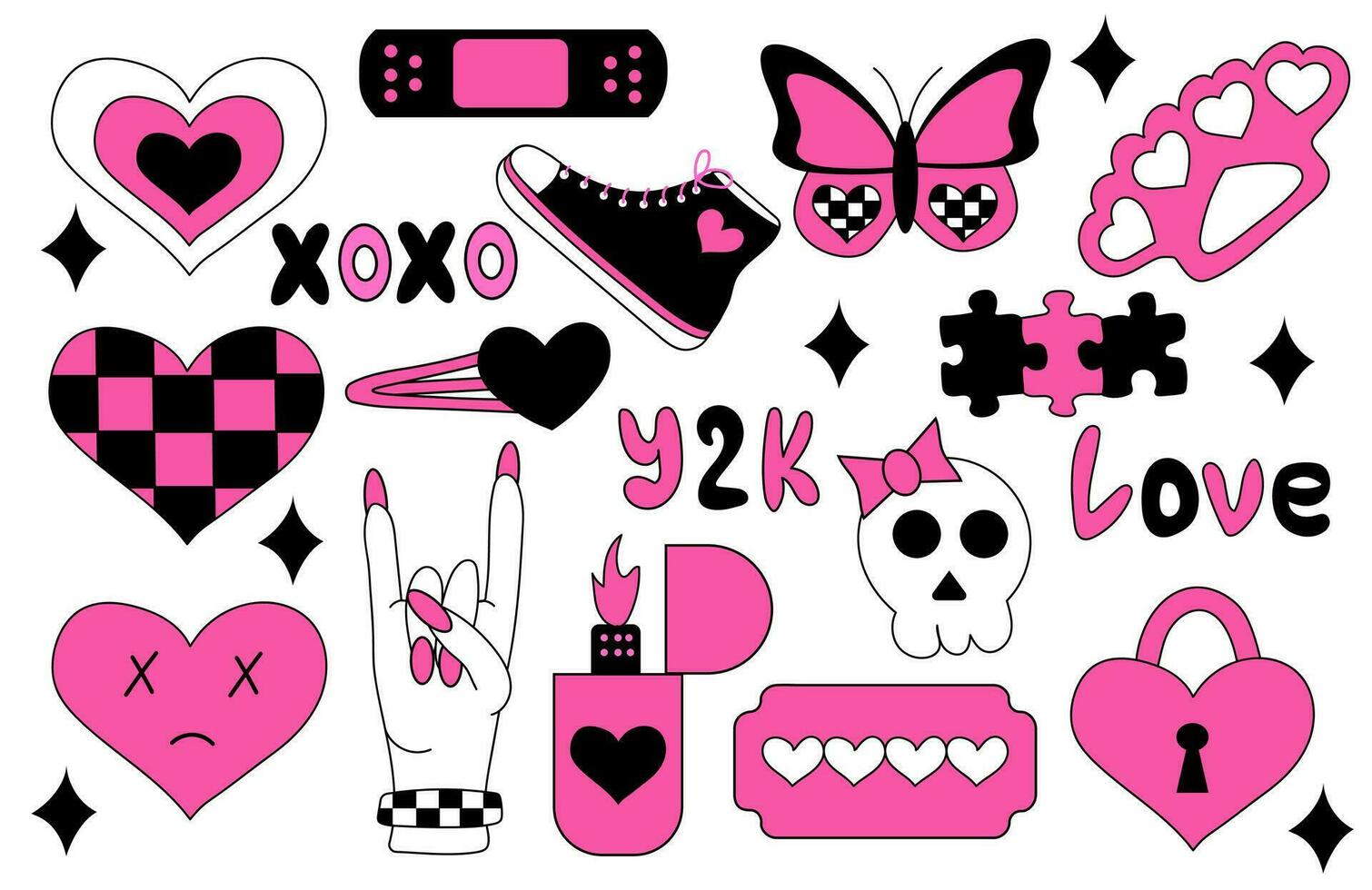 Set of emo elements. Y2k style. Hearts in chessboard, blade, hairpin, brass knuckles, rock sign, sneakers, butterfly, skull, lighter. Black and pink. Vector flat illustration.