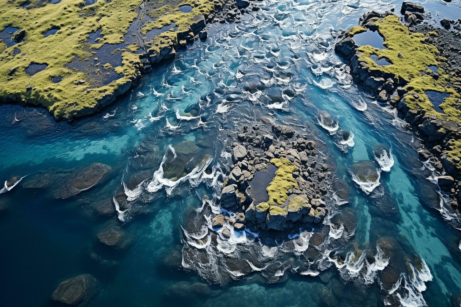 AI generated drone aerial birds eye view of a large green grass forest with tall trees and a big blue bendy river flowing through the forest photo