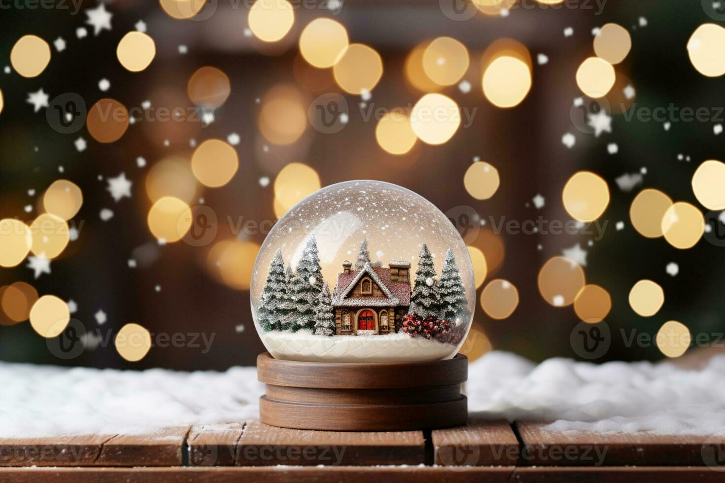 AI generated Crystal ball with a snowy christmas tree fir tree inside falling snow realistic holiday decoration photo