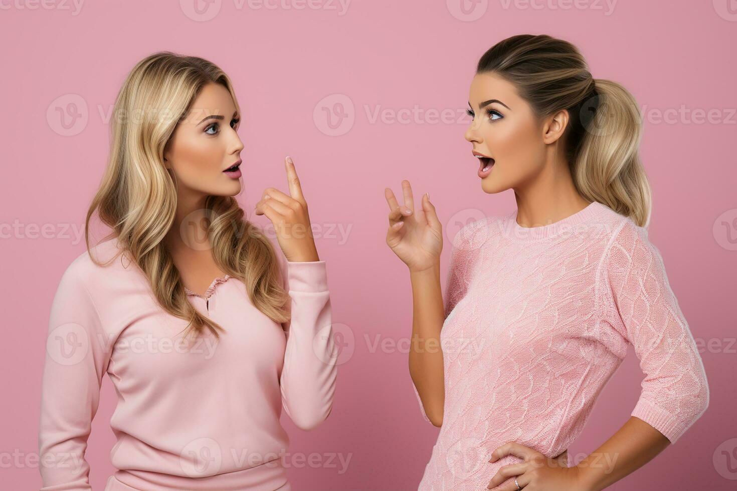 AI generated Portrait of two beautiful woman friends posing on pink isolated background generative AI photo