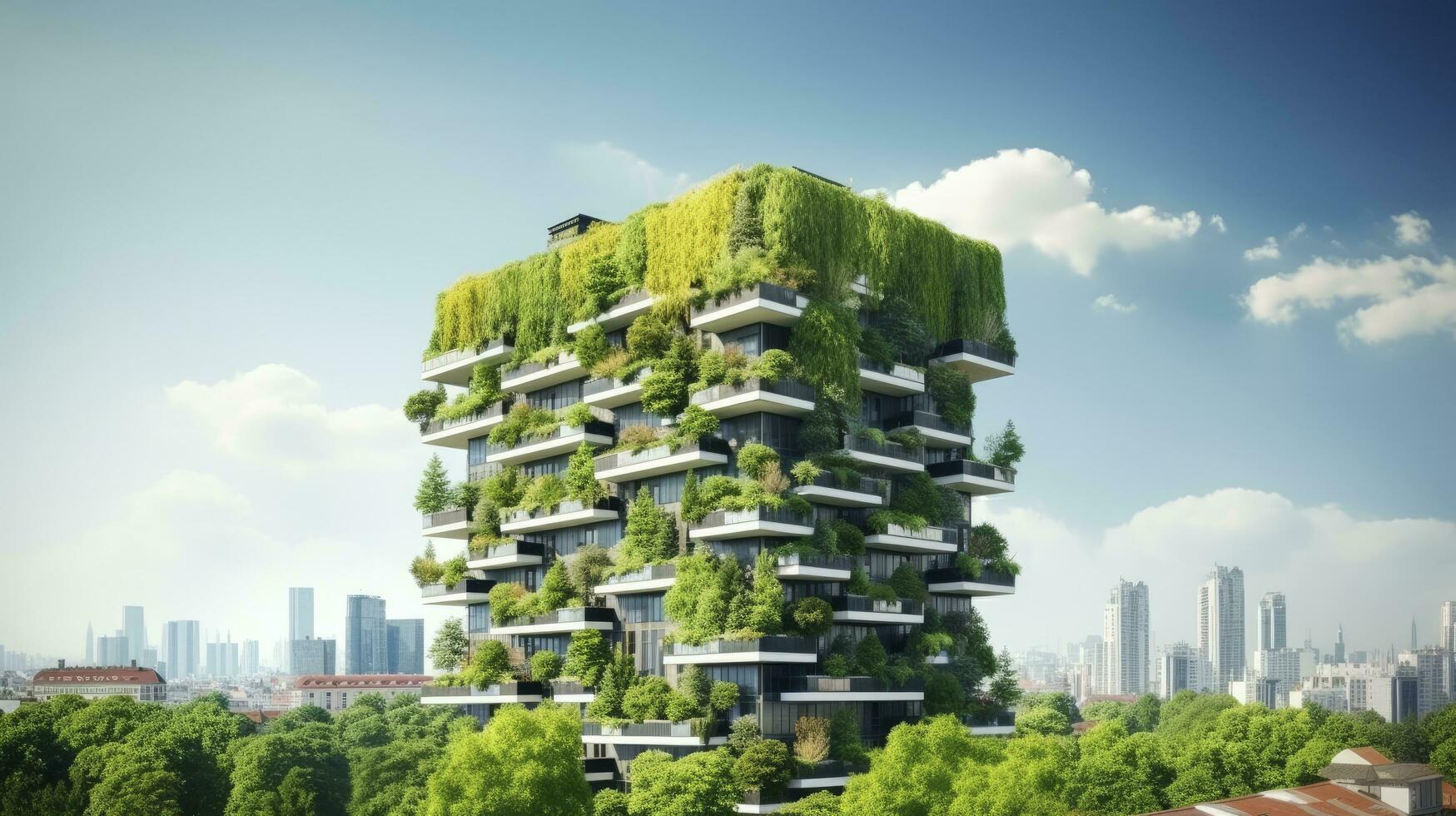 ai generado sostenible Respetuoso del medio ambiente edificio en moderno ciudad foto