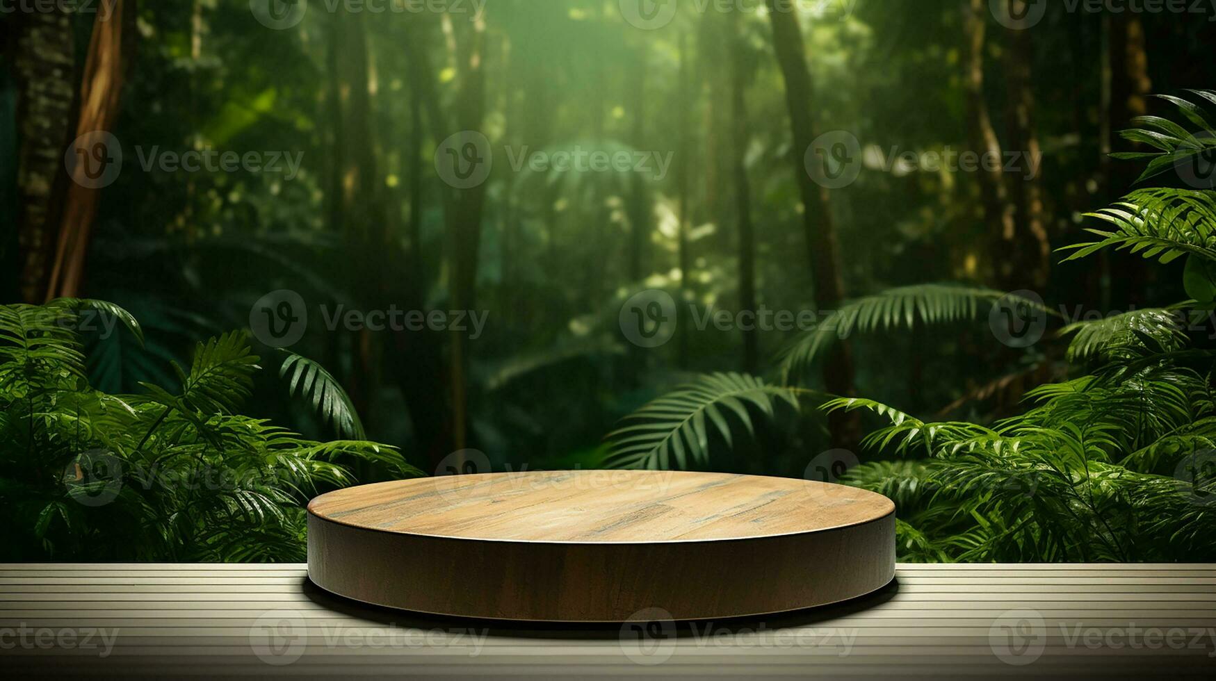 AI generated wooden podium product display in jungle or stage product showcase mock up Minimal scene for product display presentation photo