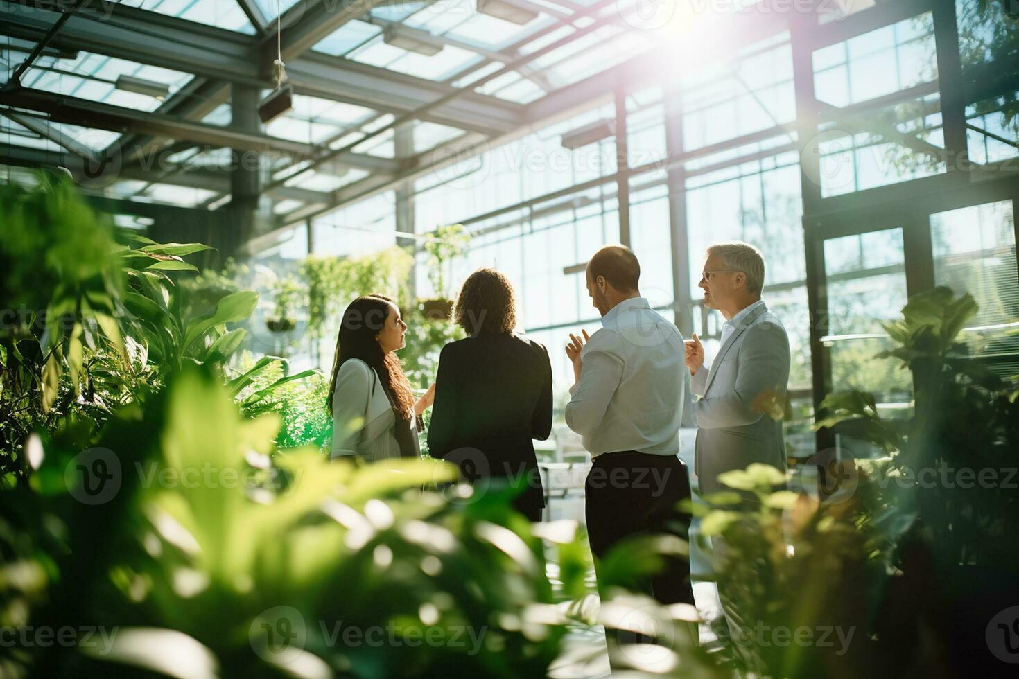 AI generated Business team working on new project and smiling. Man and women together in modern eco friendly green office for project discussion. photo