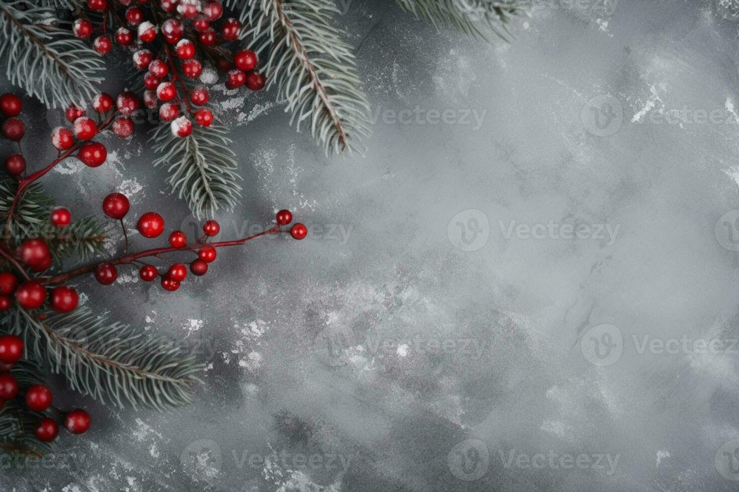 AI generated Christmas composition of fir tree branches with gifts on white wooden background photo